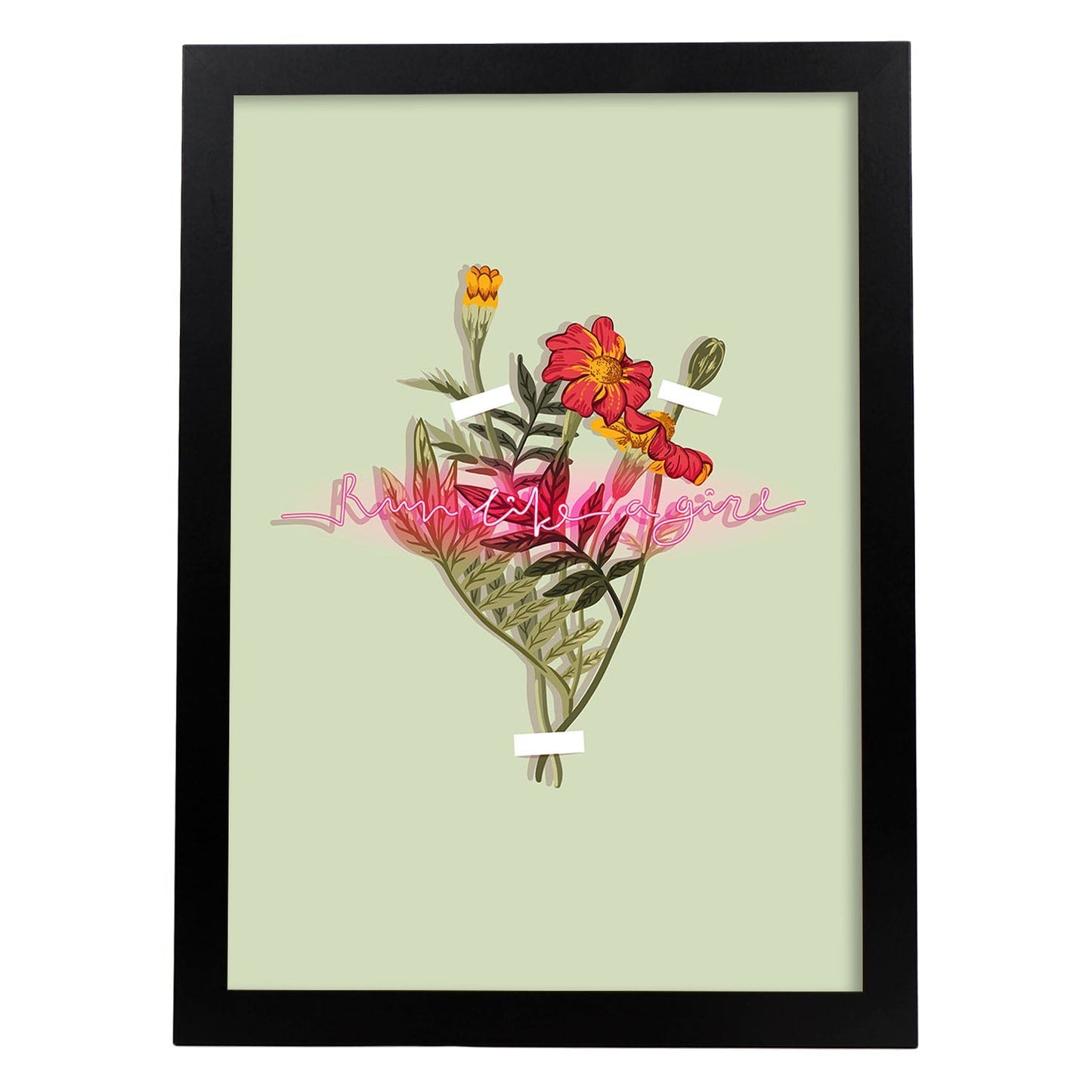 Posters con mensajes felices ilustrados. Lámina de decoración 'Run Like A Girl' con frases motivadoras y llenas de energia.-Artwork-Nacnic-A3-Marco Negro-Nacnic Estudio SL