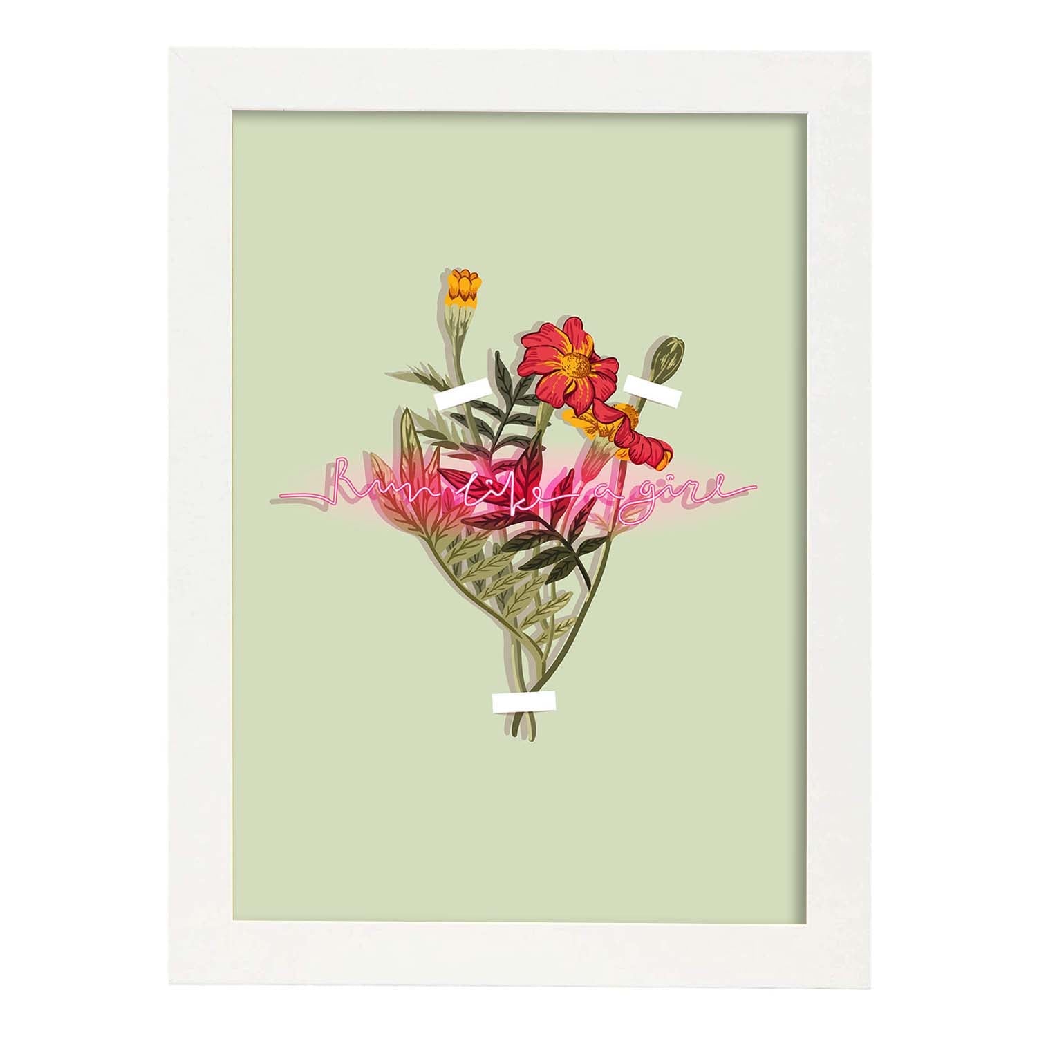Posters con mensajes felices ilustrados. Lámina de decoración 'Run Like A Girl' con frases motivadoras y llenas de energia.-Artwork-Nacnic-A4-Marco Blanco-Nacnic Estudio SL