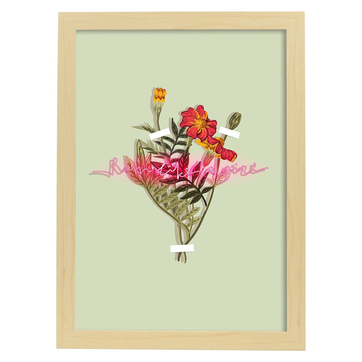 Posters con mensajes felices ilustrados. Lámina de decoración 'Run Like A Girl' con frases motivadoras y llenas de energia.-Artwork-Nacnic-A4-Marco Madera clara-Nacnic Estudio SL