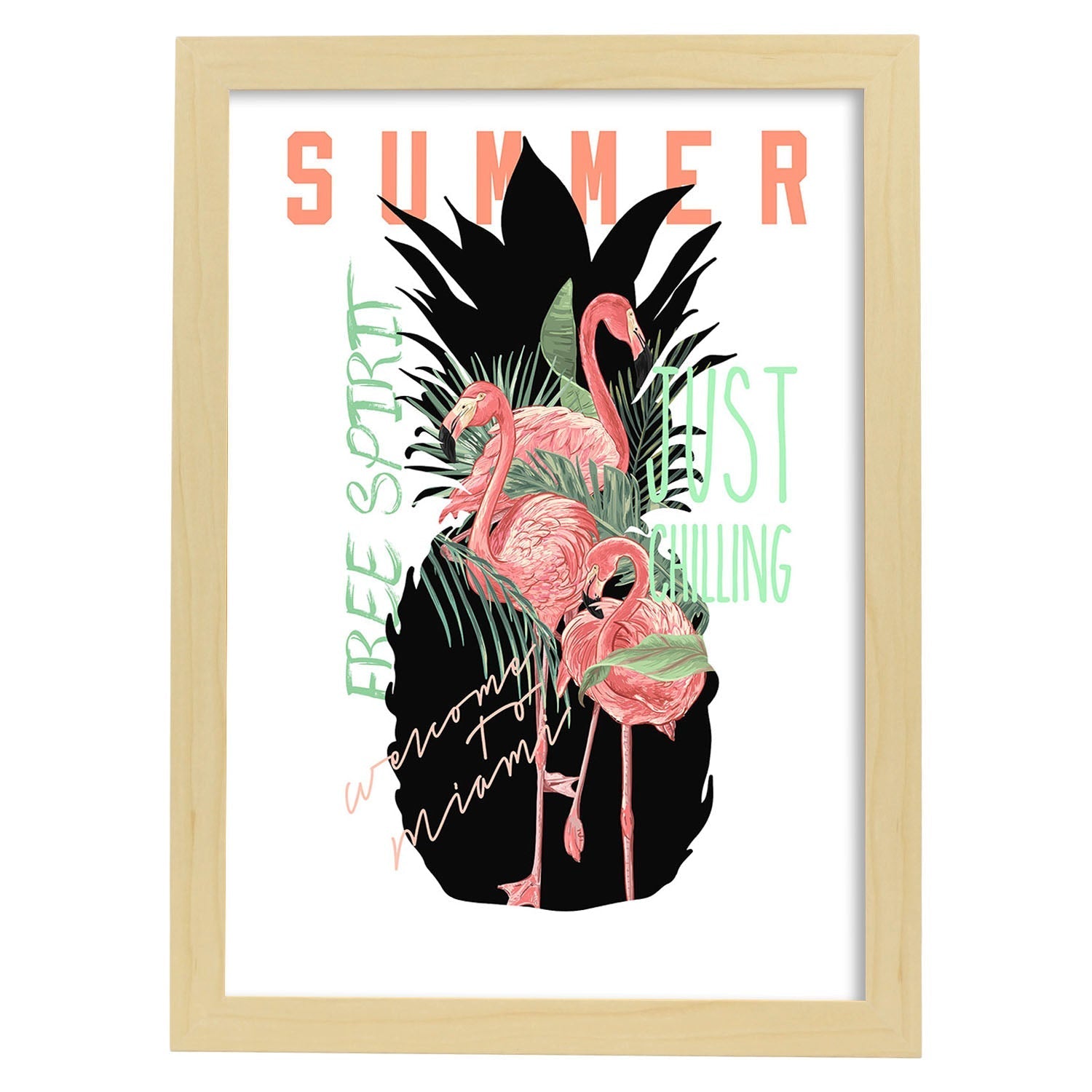 Posters con mensajes felices ilustrados. Lámina de decoración 'Summer' con frases motivadoras y llenas de energia.-Artwork-Nacnic-A4-Marco Madera clara-Nacnic Estudio SL