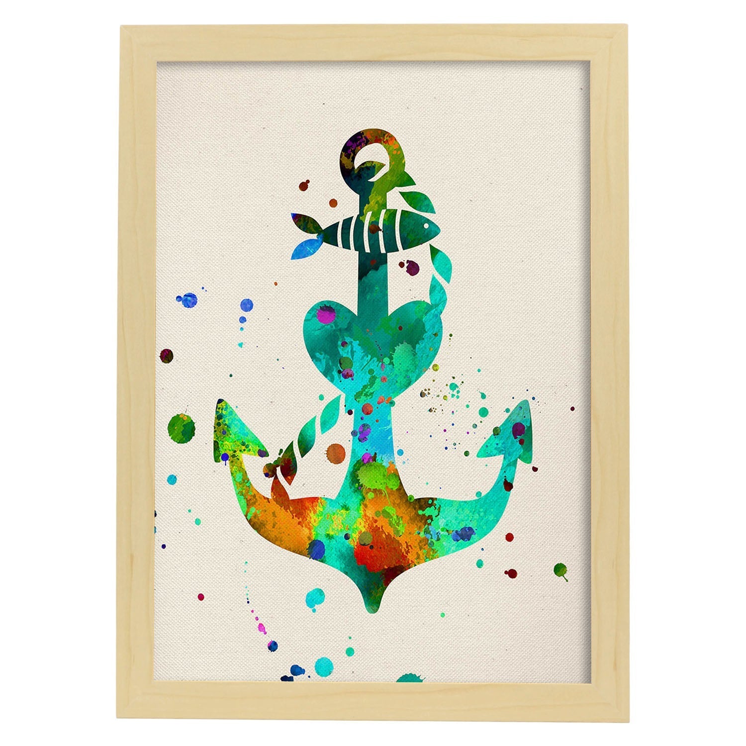 Posters de animales marinos con diseño acuarela. Lámina Ancla, impresa con textura acuarela, para-Artwork-Nacnic-A3-Marco Madera clara-Nacnic Estudio SL