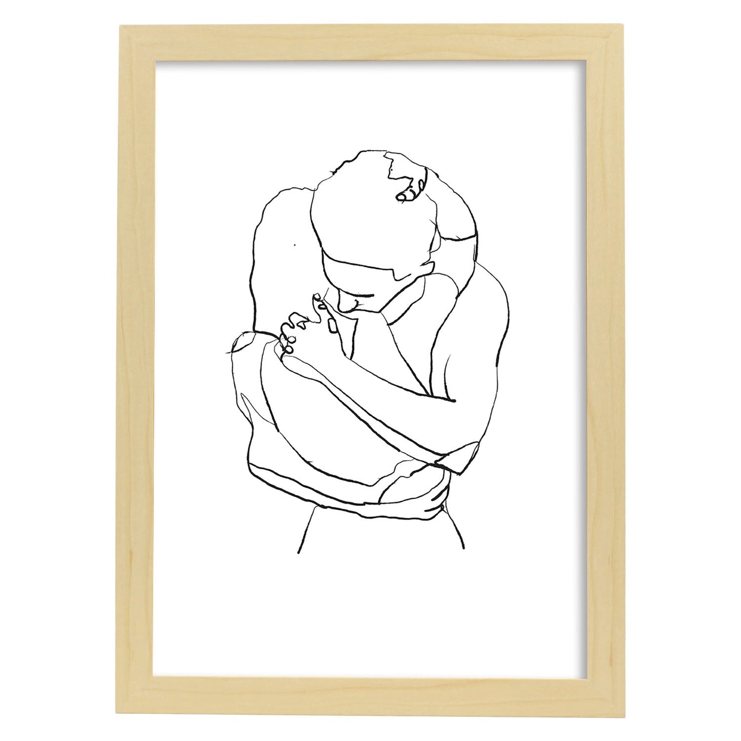 Posters de dibujos y bocetos a una linea. Lámina nordica de Pareja abrazo.-Artwork-Nacnic-A4-Marco Madera clara-Nacnic Estudio SL
