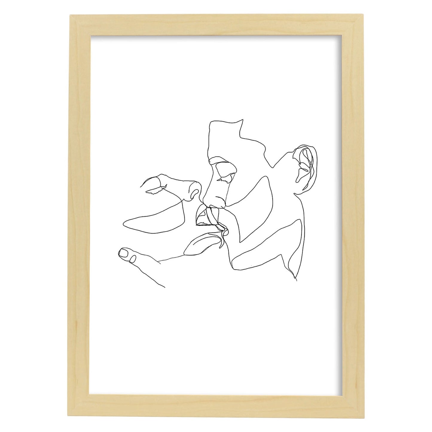 Posters de dibujos y bocetos a una linea. Lámina nordica de Pareja beso en los labios.-Artwork-Nacnic-A3-Marco Madera clara-Nacnic Estudio SL
