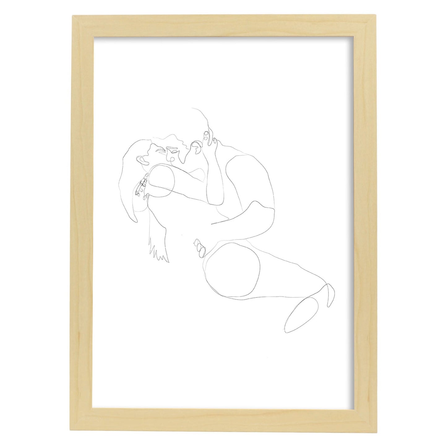 Posters de dibujos y bocetos a una linea. Lámina nordica de Pareja en abrazo.-Artwork-Nacnic-A4-Marco Madera clara-Nacnic Estudio SL