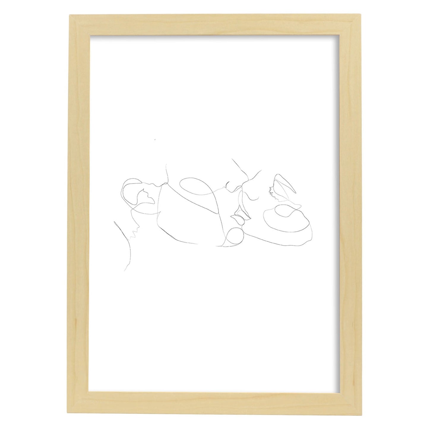 Posters de dibujos y bocetos a una linea. Lámina nordica de Pareja en beso.-Artwork-Nacnic-A3-Marco Madera clara-Nacnic Estudio SL