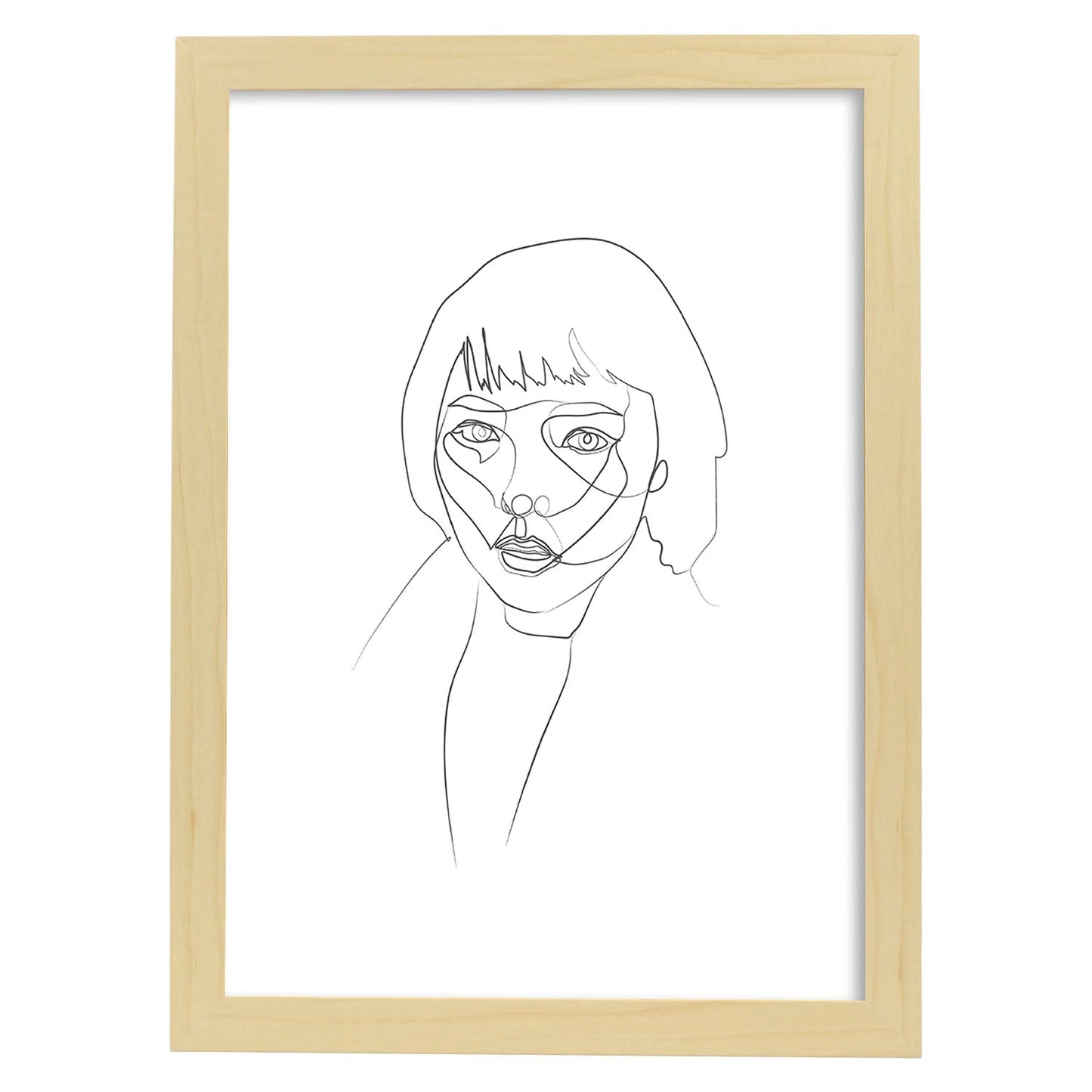 Posters de dibujos y bocetos a una linea. Lámina nordica de Rostro mujer 16.-Artwork-Nacnic-A4-Marco Madera clara-Nacnic Estudio SL