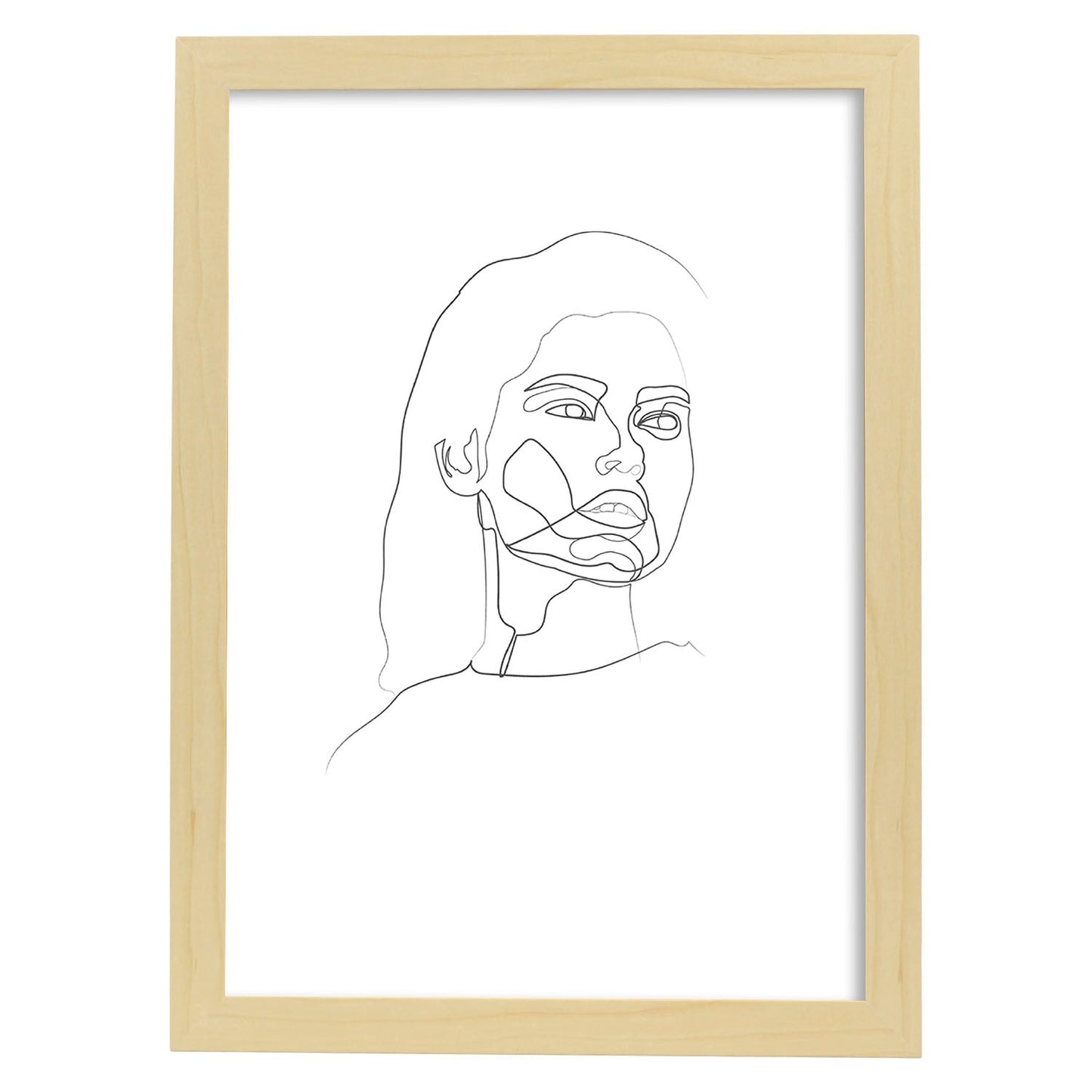 Posters de dibujos y bocetos a una linea. Lámina nordica de Rostro mujer 18.-Artwork-Nacnic-A4-Marco Madera clara-Nacnic Estudio SL