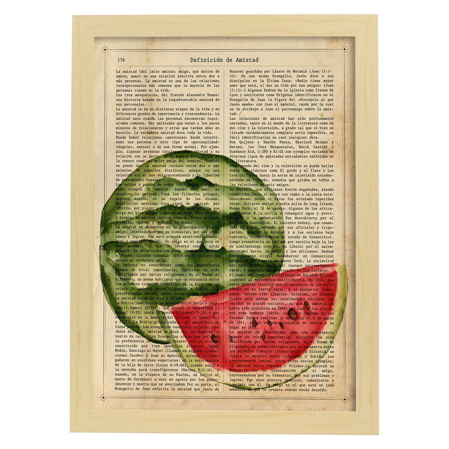 Posters de frutas con texto. Lámina Bodegón de Sandías con imágenes de alimentación saludable con definiciones.-Artwork-Nacnic-A3-Marco Madera clara-Nacnic Estudio SL