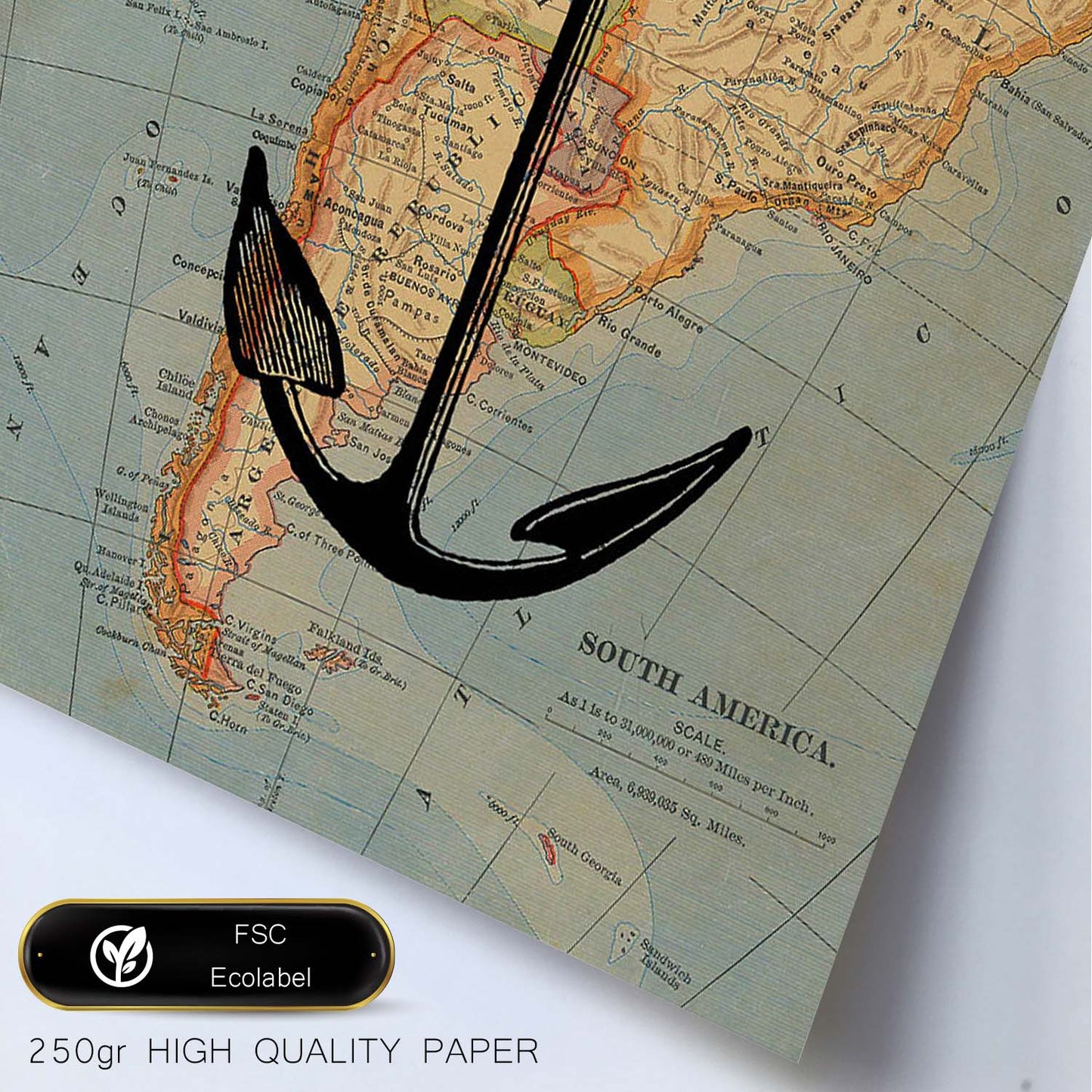 Posters de objetos sobre mapas. Lámina Ancla sobre mapa, con diseño de objetos sobre mapas vintage.-Artwork-Nacnic-Nacnic Estudio SL