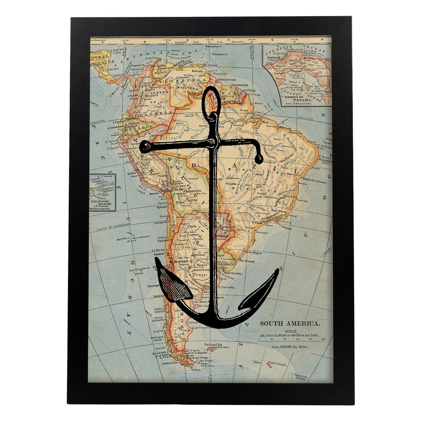 Posters de objetos sobre mapas. Lámina Ancla sobre mapa, con diseño de objetos sobre mapas vintage.-Artwork-Nacnic-A4-Marco Negro-Nacnic Estudio SL