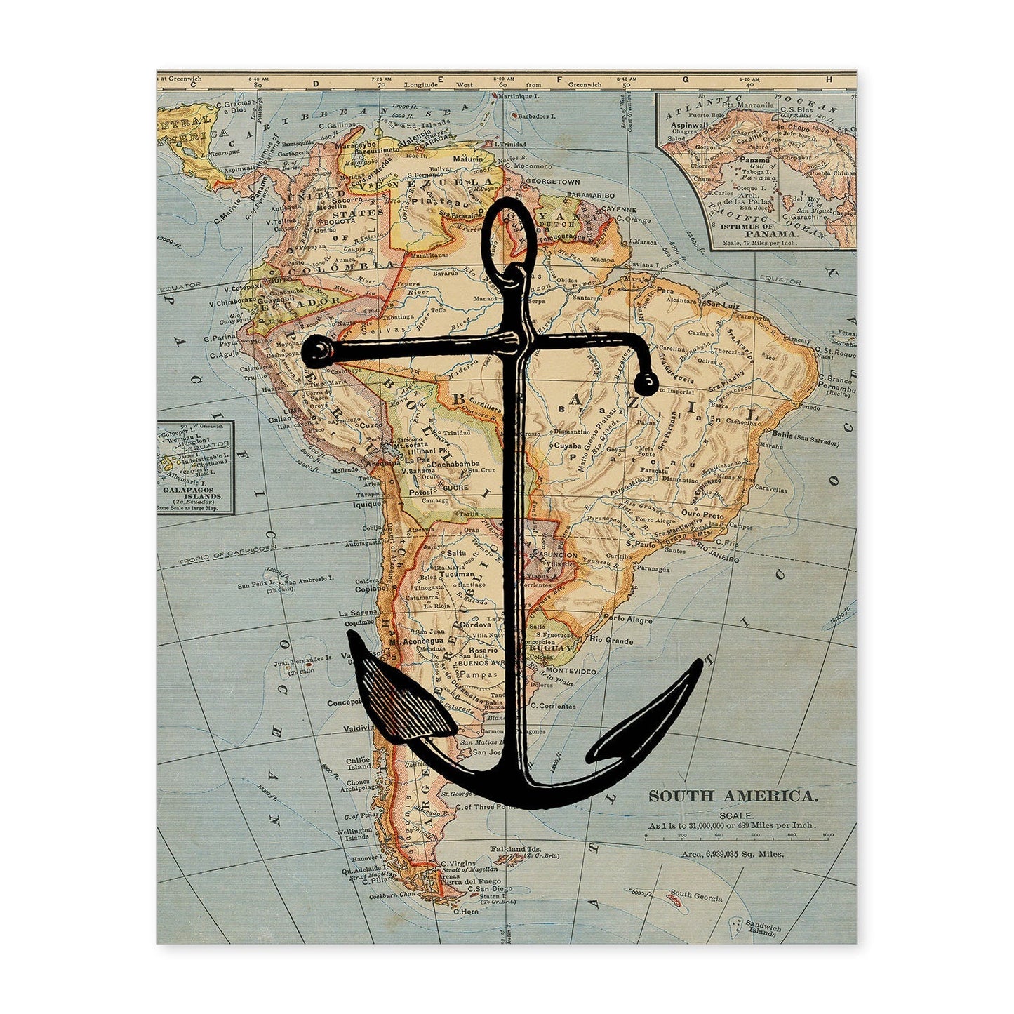 Posters de objetos sobre mapas. Lámina Ancla sobre mapa, con diseño de objetos sobre mapas vintage.-Artwork-Nacnic-A4-Sin marco-Nacnic Estudio SL