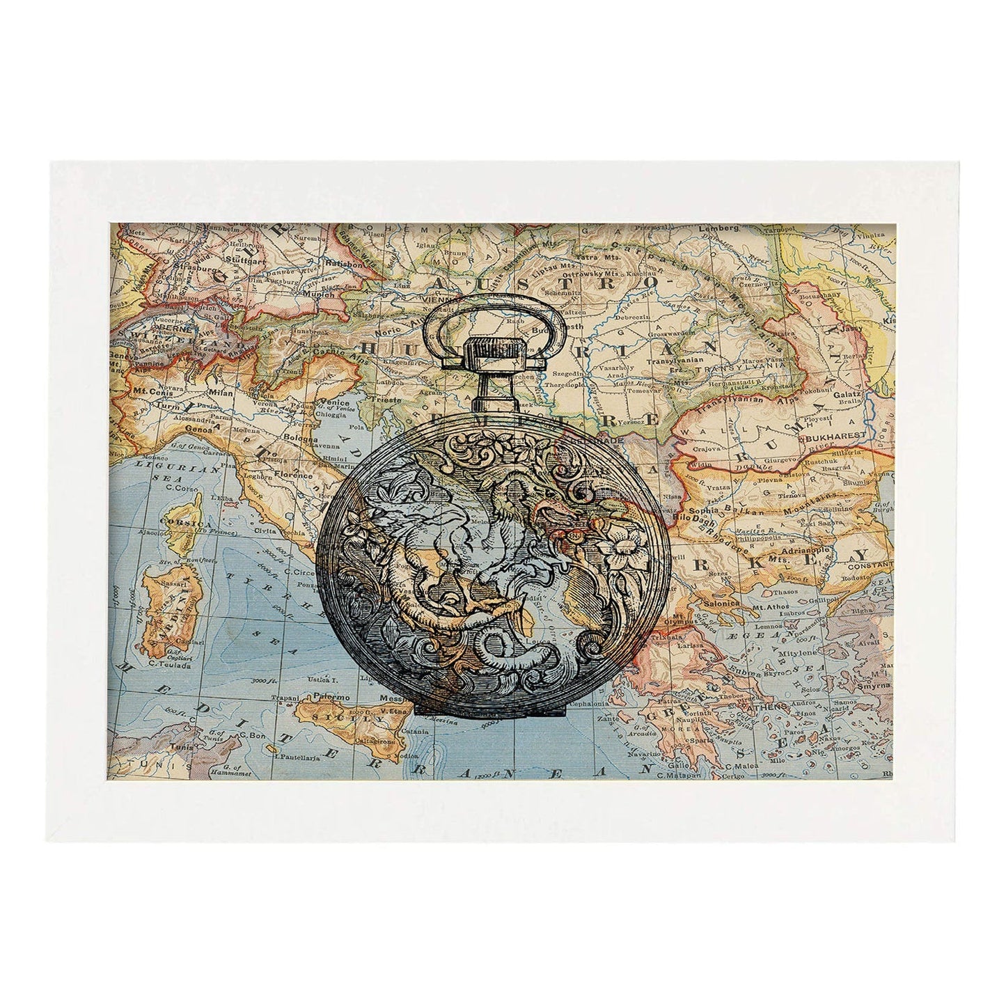 Posters de objetos sobre mapas. Lámina Es hora de Viajar, con diseño de objetos sobre mapas vintage.-Artwork-Nacnic-A3-Marco Blanco-Nacnic Estudio SL