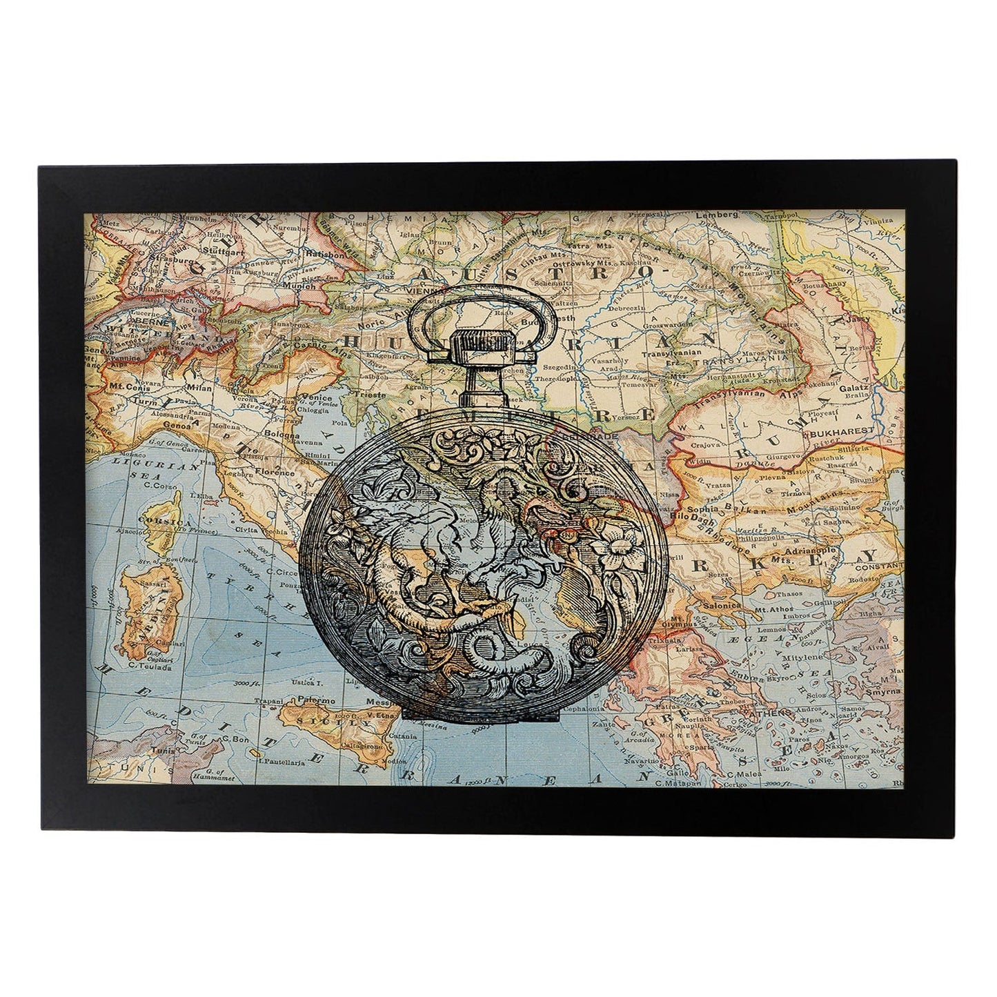 Posters de objetos sobre mapas. Lámina Es hora de Viajar, con diseño de objetos sobre mapas vintage.-Artwork-Nacnic-A4-Marco Negro-Nacnic Estudio SL