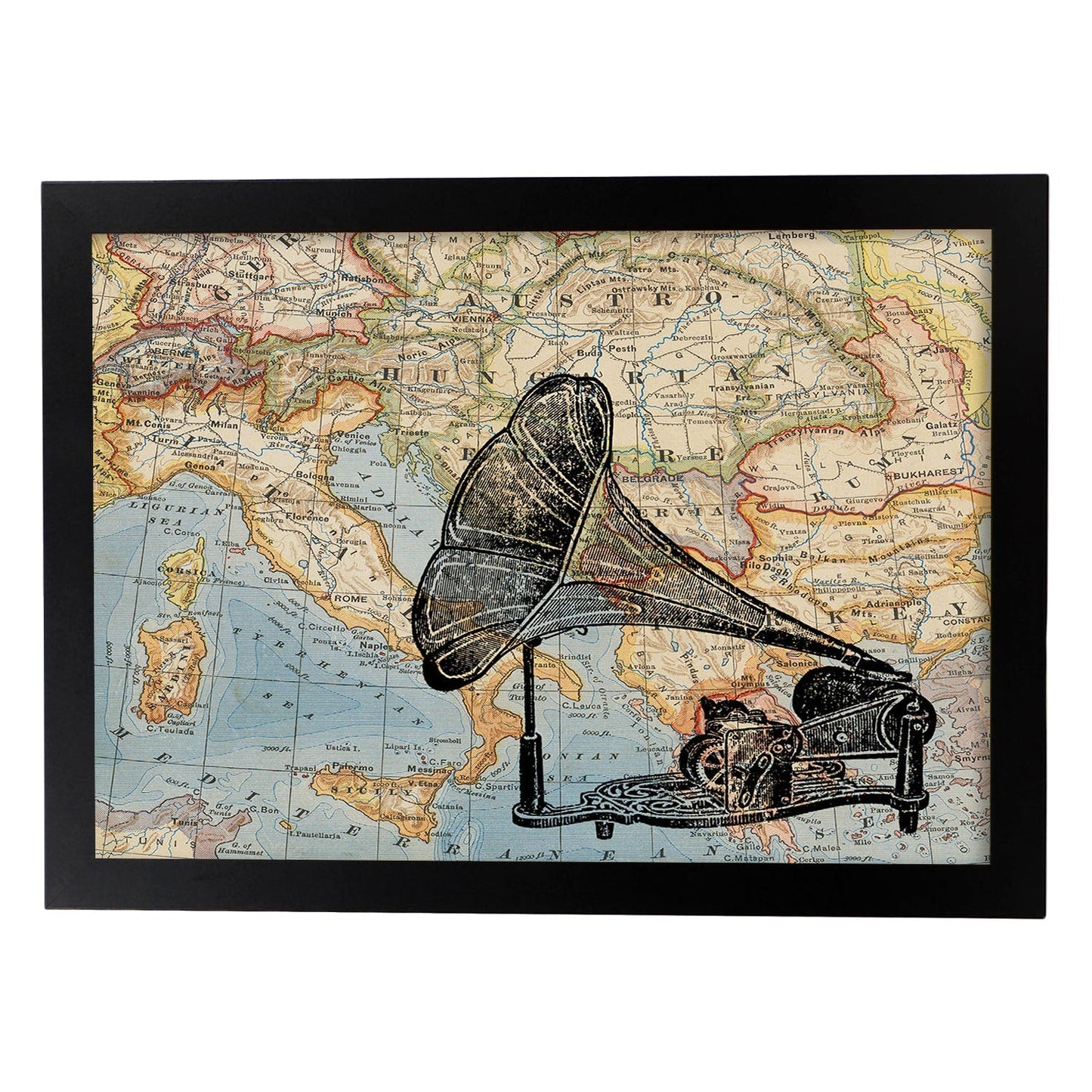 Posters de objetos sobre mapas. Lámina Europa Dolce Vita, con diseño de objetos sobre mapas vintage.-Artwork-Nacnic-A4-Marco Negro-Nacnic Estudio SL