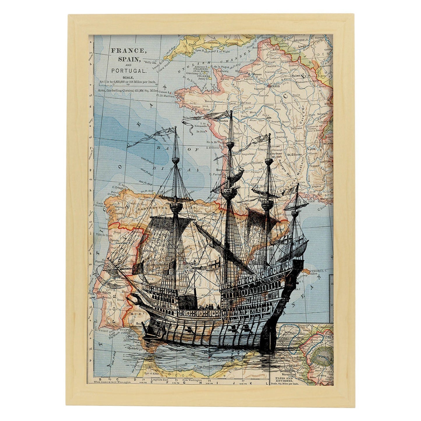 Posters de objetos sobre mapas. Lámina Mediterráneo Vintage, con diseño de objetos sobre mapas vintage.-Artwork-Nacnic-A4-Marco Madera clara-Nacnic Estudio SL