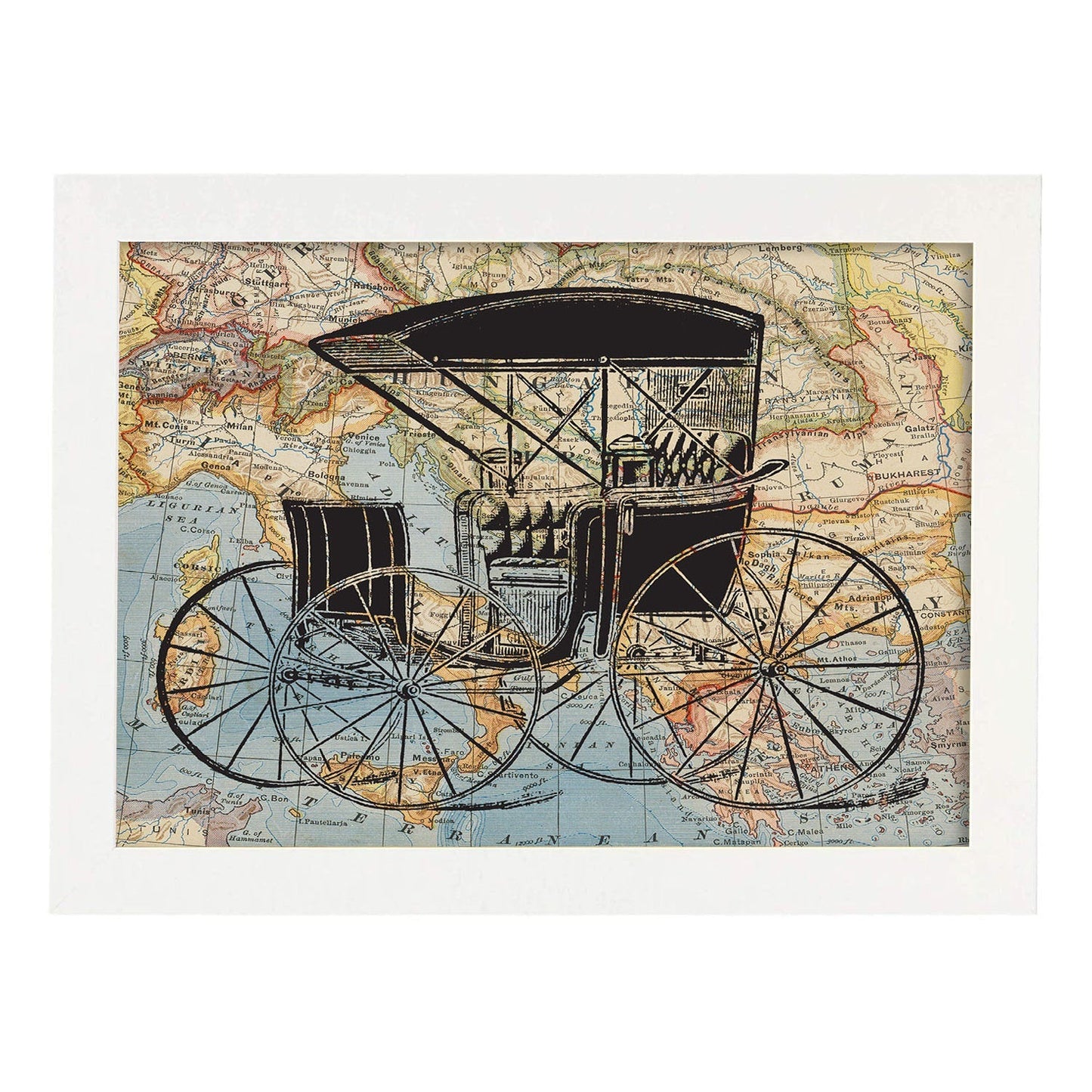 Posters de objetos sobre mapas. Lámina Mi Carro Vintage, con diseño de objetos sobre mapas vintage.-Artwork-Nacnic-A4-Marco Blanco-Nacnic Estudio SL