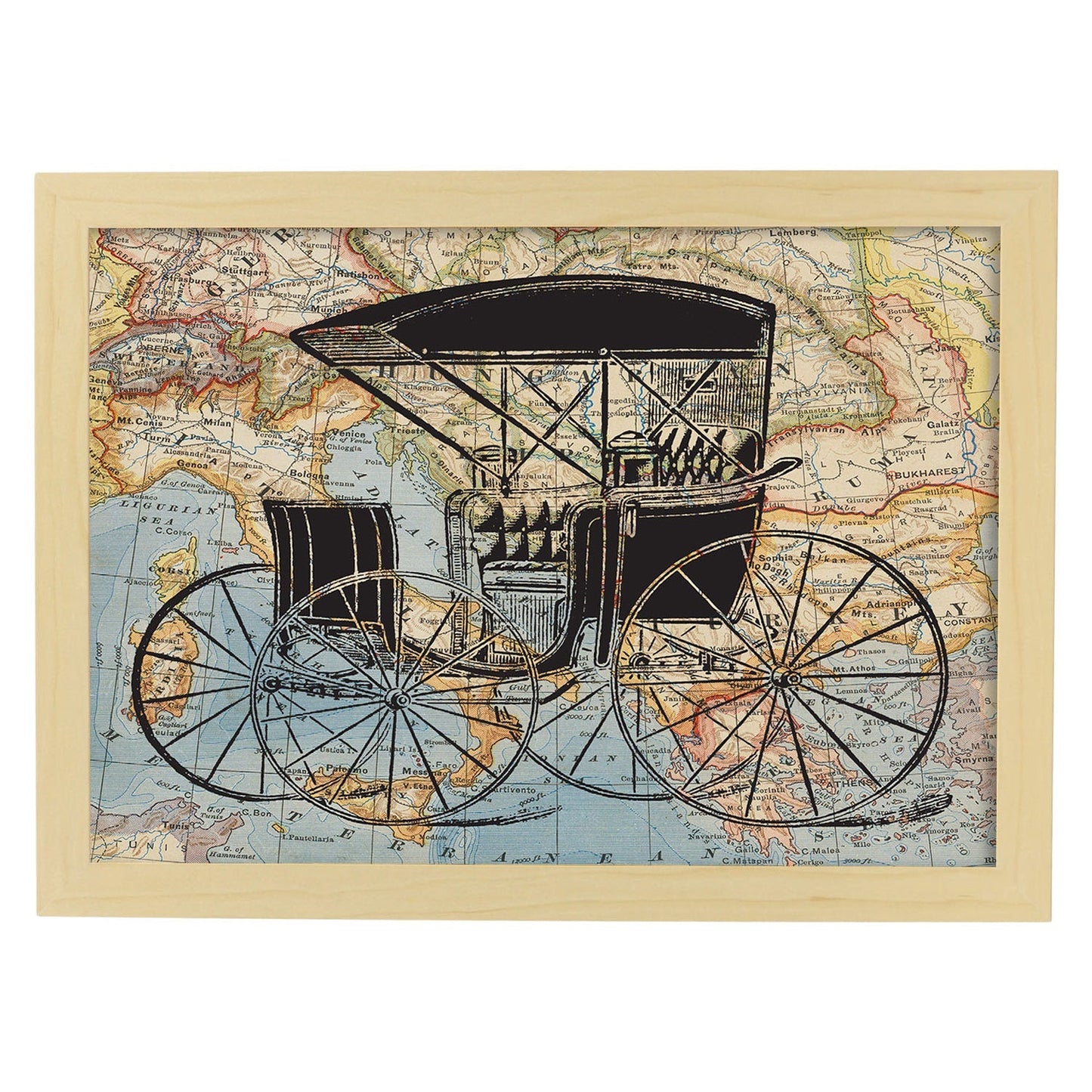 Posters de objetos sobre mapas. Lámina Mi Carro Vintage, con diseño de objetos sobre mapas vintage.-Artwork-Nacnic-A4-Marco Madera clara-Nacnic Estudio SL