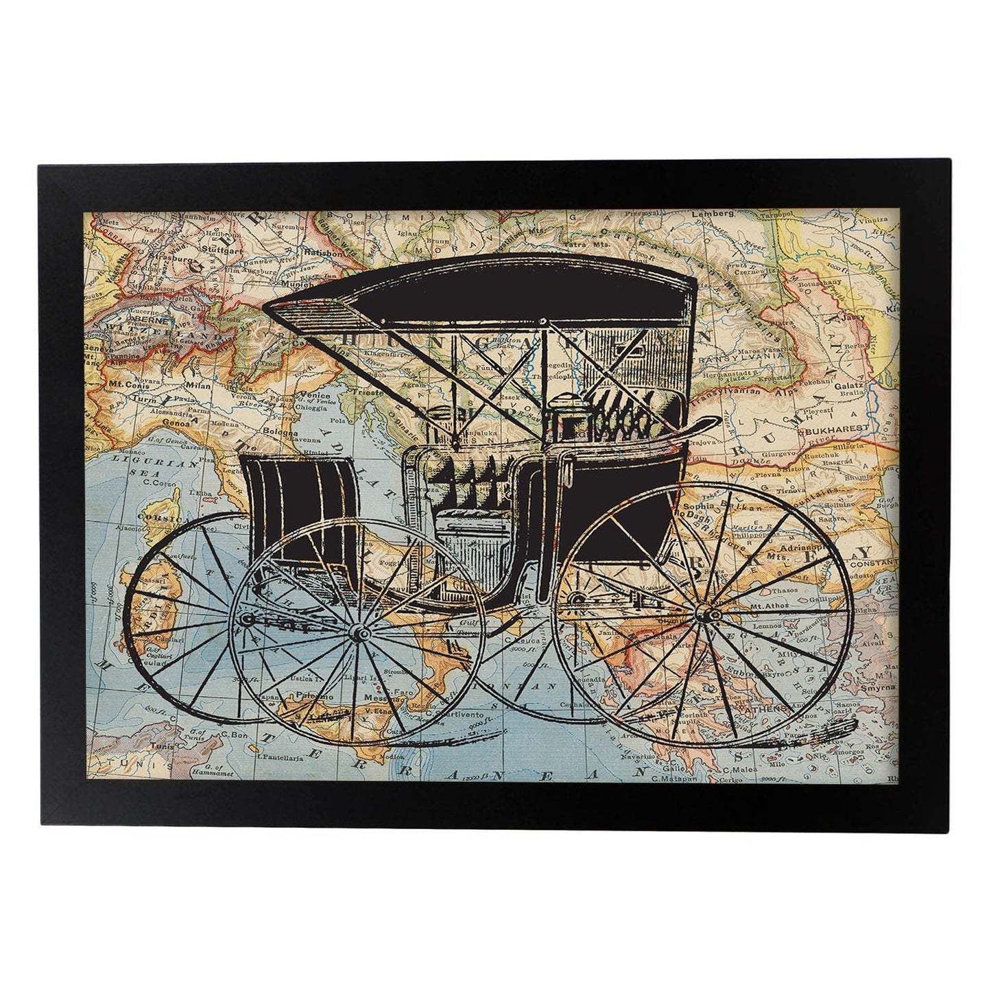 Posters de objetos sobre mapas. Lámina Mi Carro Vintage, con diseño de objetos sobre mapas vintage.-Artwork-Nacnic-A4-Marco Negro-Nacnic Estudio SL