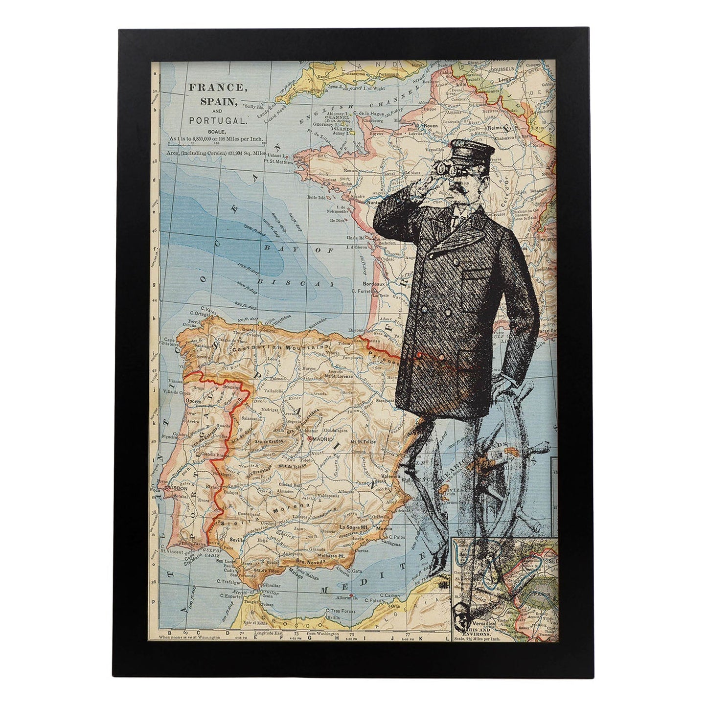 Posters de objetos sobre mapas. Lámina Tierra a la vista, con diseño de objetos sobre mapas vintage.-Artwork-Nacnic-A3-Marco Negro-Nacnic Estudio SL