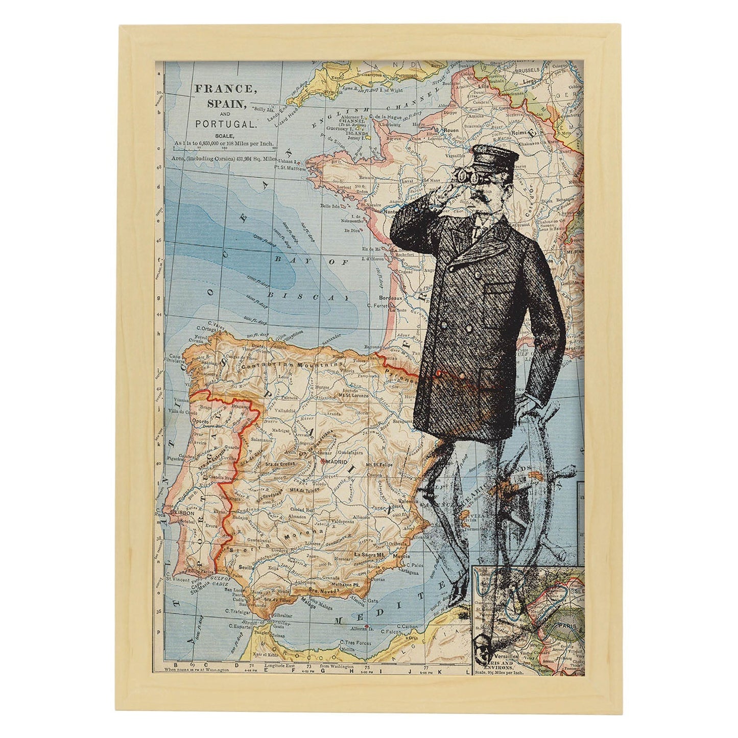 Posters de objetos sobre mapas. Lámina Tierra a la vista, con diseño de objetos sobre mapas vintage.-Artwork-Nacnic-A4-Marco Madera clara-Nacnic Estudio SL