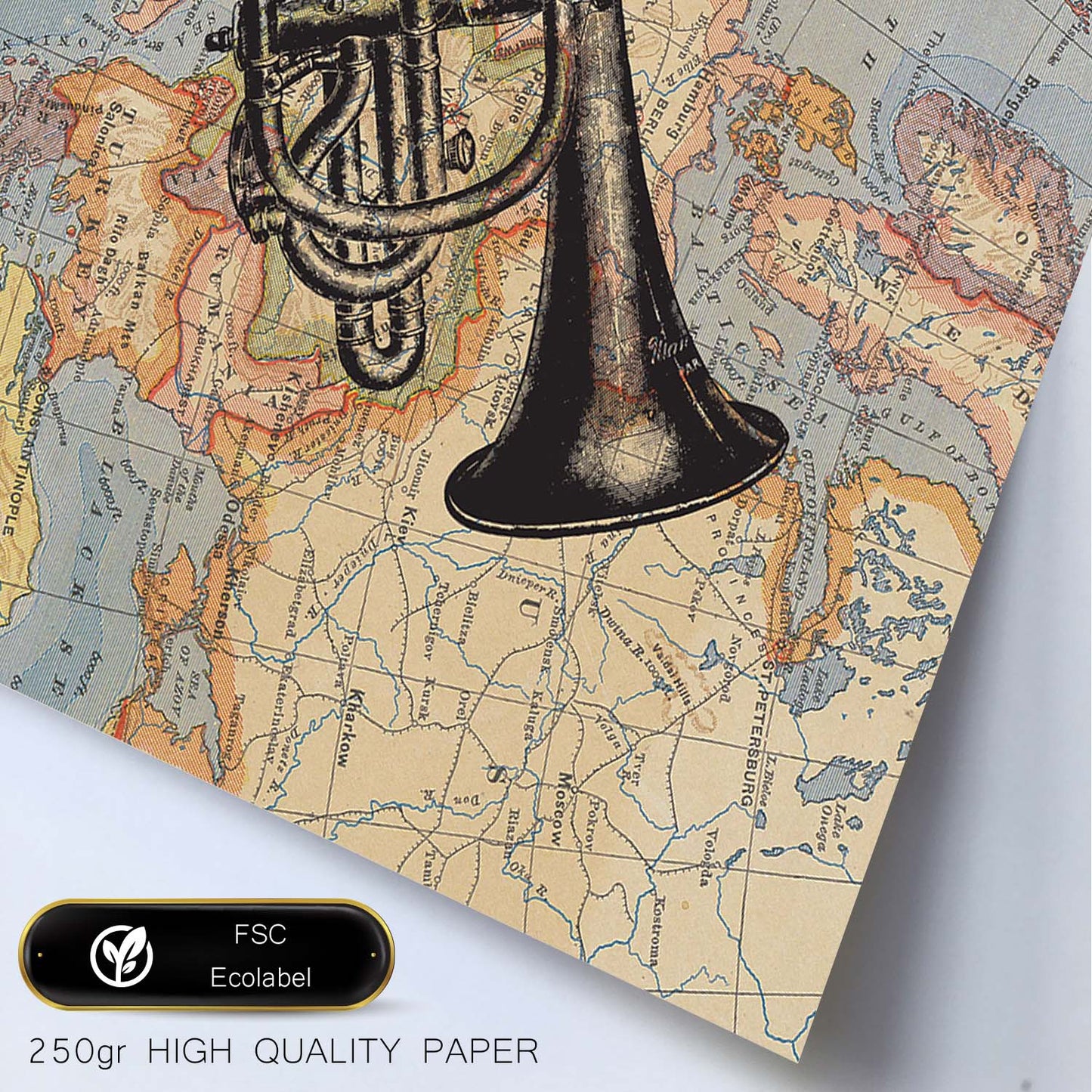Posters de objetos sobre mapas. Lámina Trompeta para Europa, con diseño de objetos sobre mapas vintage.-Artwork-Nacnic-Nacnic Estudio SL