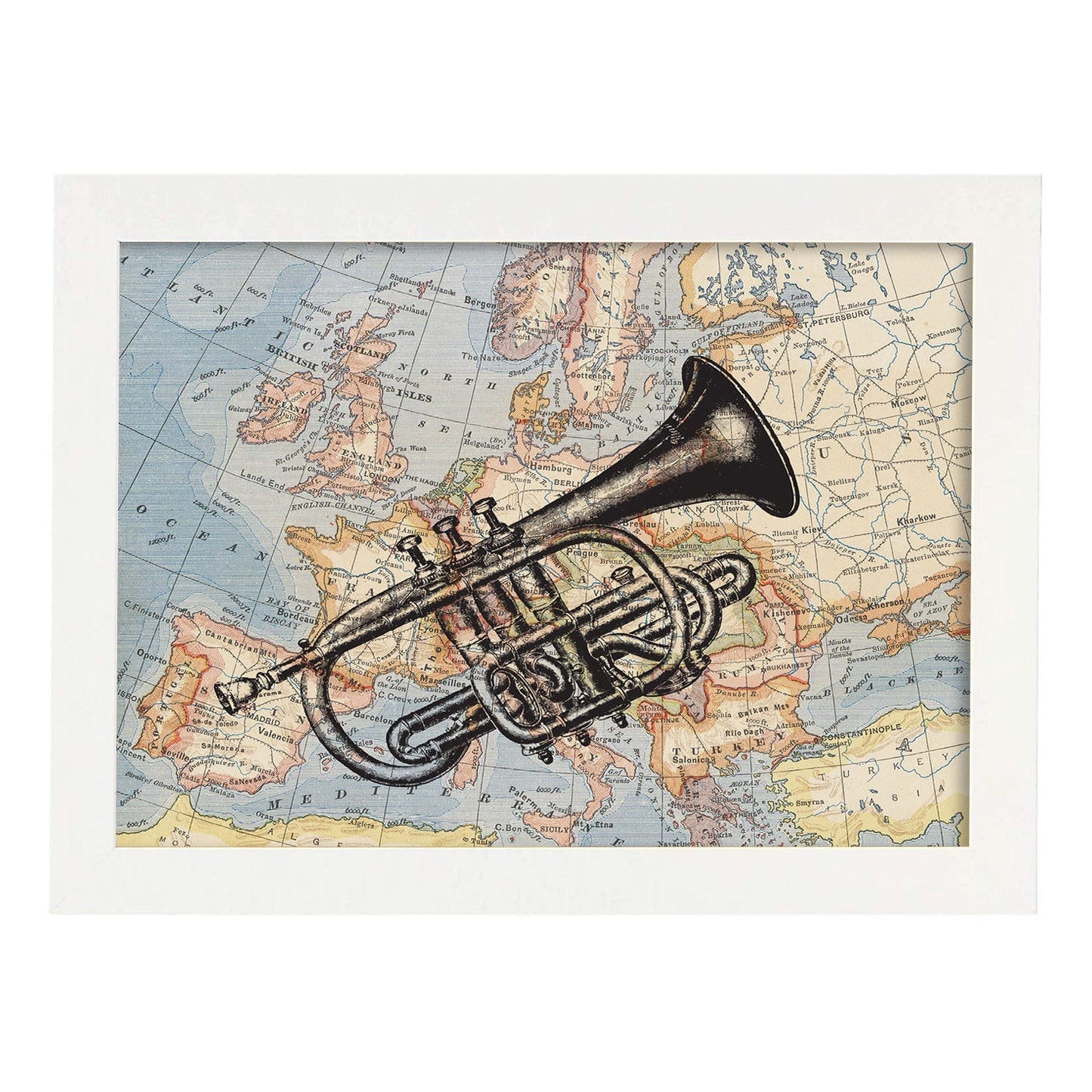 Posters de objetos sobre mapas. Lámina Trompeta para Europa, con diseño de objetos sobre mapas vintage.-Artwork-Nacnic-A3-Marco Blanco-Nacnic Estudio SL