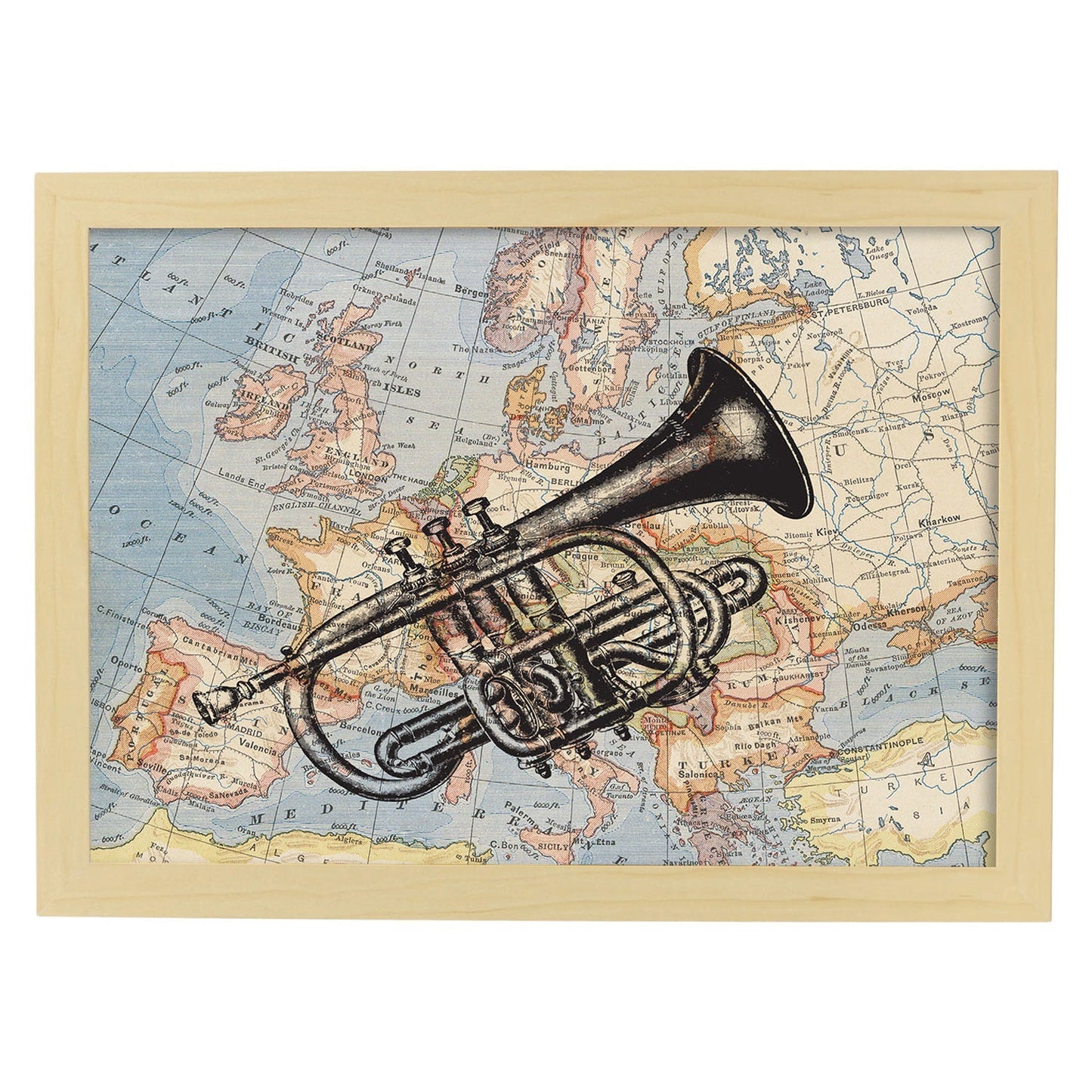 Posters de objetos sobre mapas. Lámina Trompeta para Europa, con diseño de objetos sobre mapas vintage.-Artwork-Nacnic-A3-Marco Madera clara-Nacnic Estudio SL