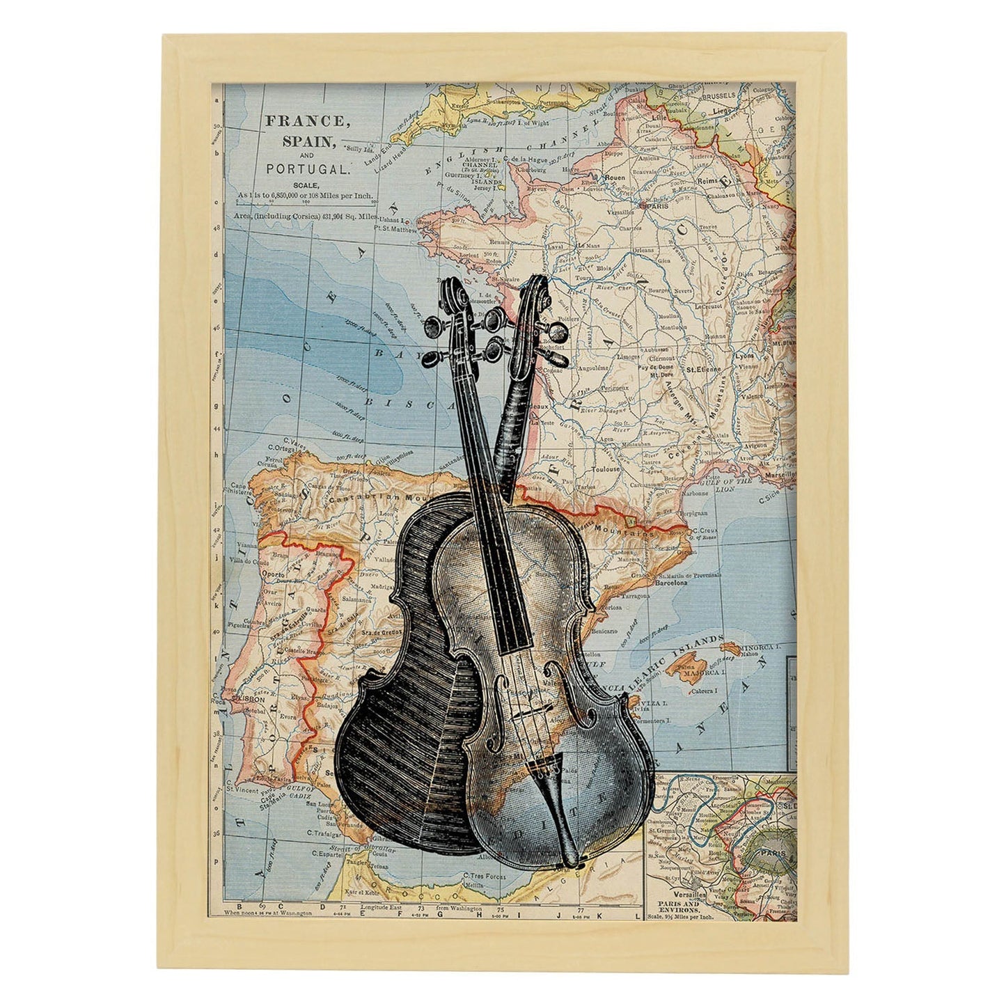 Posters de objetos sobre mapas. Lámina Violín para Europa, con diseño de objetos sobre mapas vintage.-Artwork-Nacnic-A3-Marco Madera clara-Nacnic Estudio SL