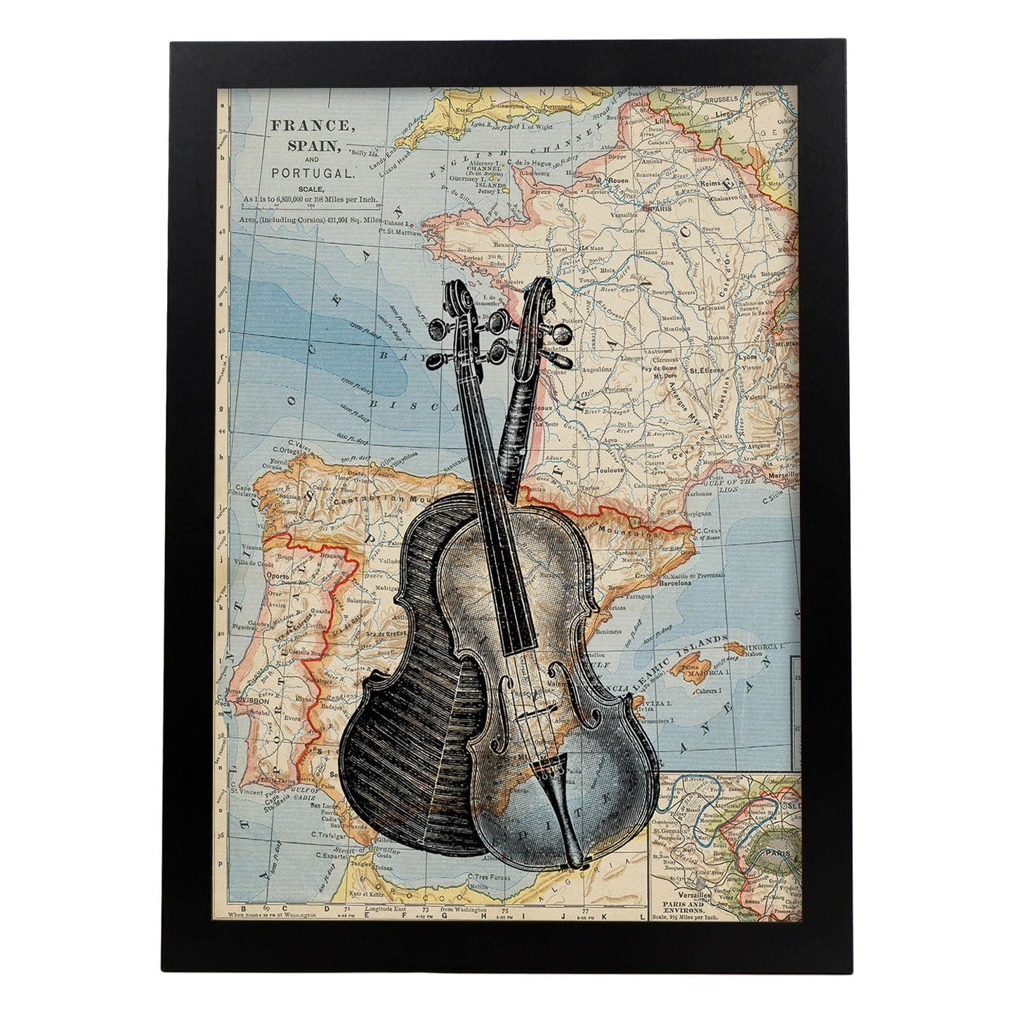 Posters de objetos sobre mapas. Lámina Violín para Europa, con diseño de objetos sobre mapas vintage.-Artwork-Nacnic-A3-Marco Negro-Nacnic Estudio SL