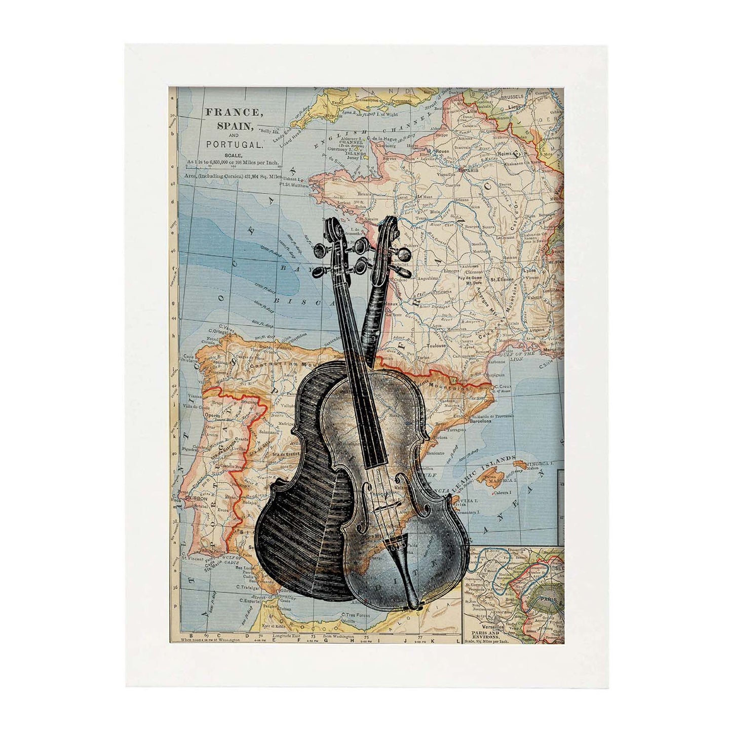 Posters de objetos sobre mapas. Lámina Violín para Europa, con diseño de objetos sobre mapas vintage.-Artwork-Nacnic-A4-Marco Blanco-Nacnic Estudio SL