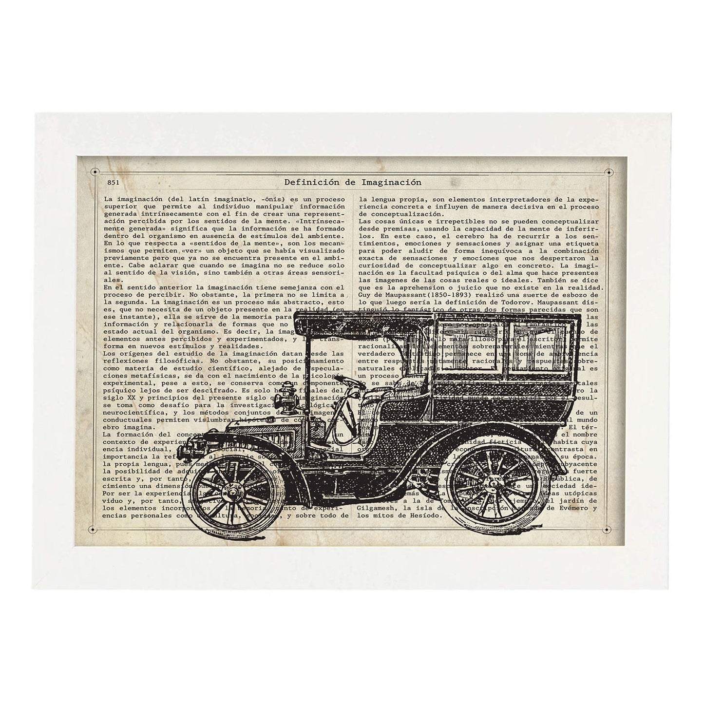 Posters de objetos vintage. Lámina Coche Vintage con imágenes de objetos e instrumentos vintage, con definiciones en español.-Artwork-Nacnic-A4-Marco Blanco-Nacnic Estudio SL