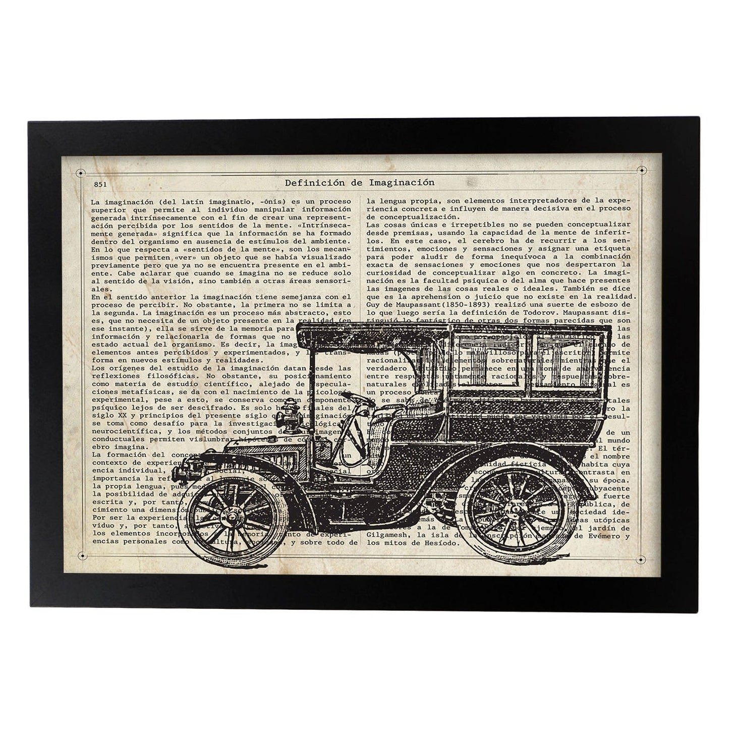 Posters de objetos vintage. Lámina Coche Vintage con imágenes de objetos e instrumentos vintage, con definiciones en español.-Artwork-Nacnic-A4-Marco Negro-Nacnic Estudio SL