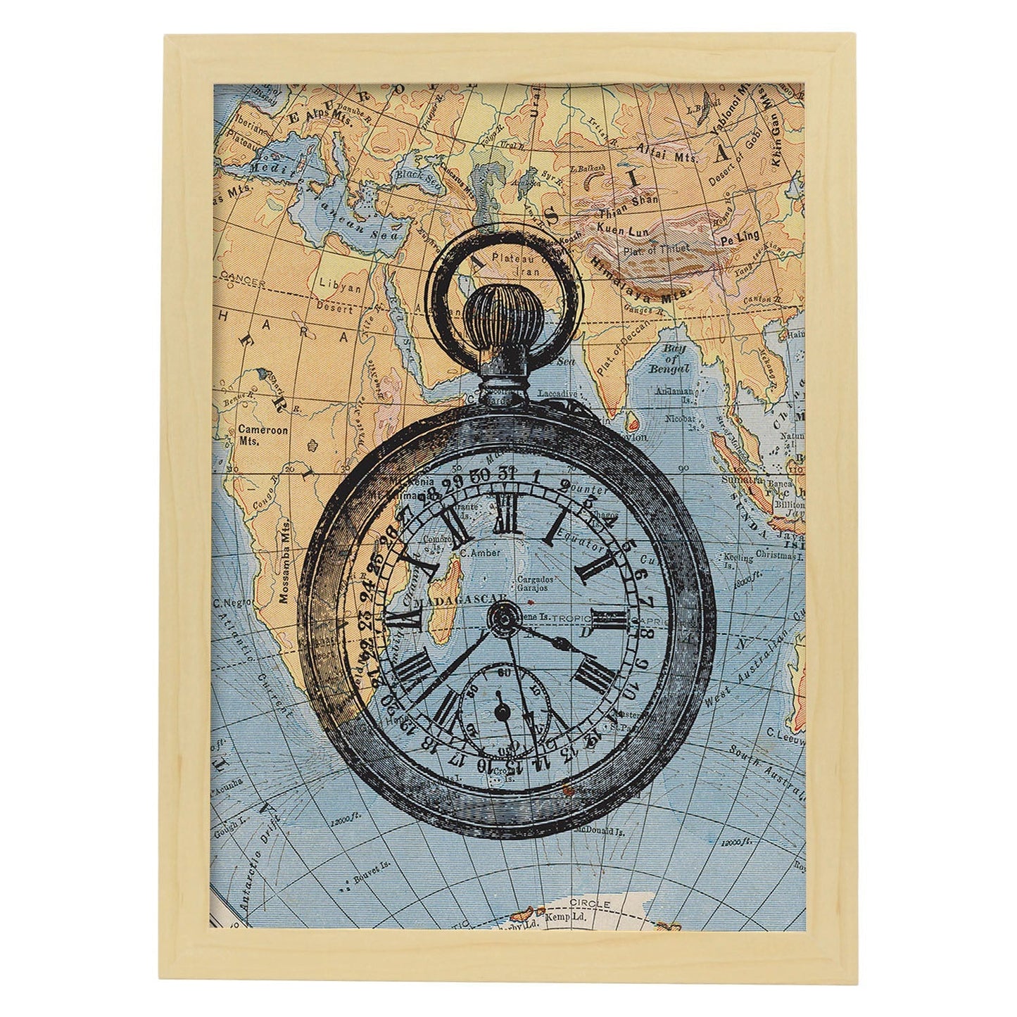Posters de objetos vintage. Lámina La Hora del Viaje con imágenes de objetos e instrumentos vintage, con definiciones en español.-Artwork-Nacnic-A3-Marco Madera clara-Nacnic Estudio SL
