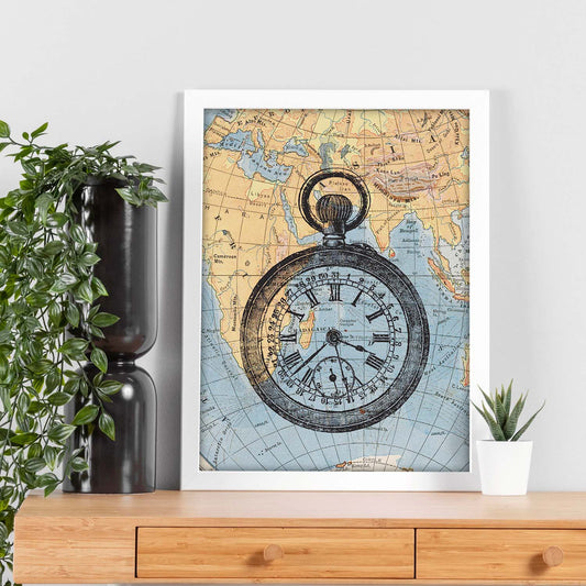 Posters de objetos vintage. Lámina La Hora del Viaje con imágenes de objetos e instrumentos vintage, con definiciones en español.-Artwork-Nacnic-Nacnic Estudio SL