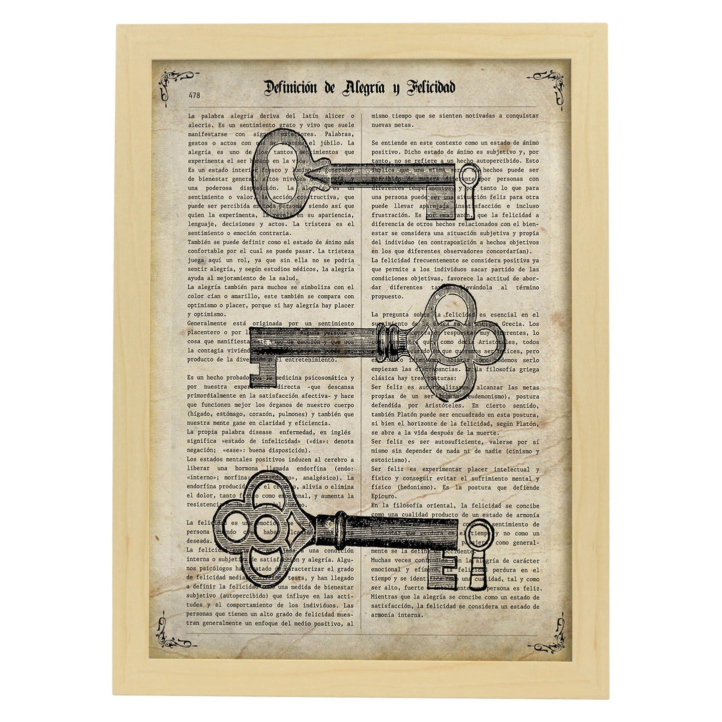 Posters de objetos vintage. Lámina Llaves Vintage con imágenes de objetos e instrumentos vintage, con definiciones en español.-Artwork-Nacnic-A4-Marco Madera clara-Nacnic Estudio SL