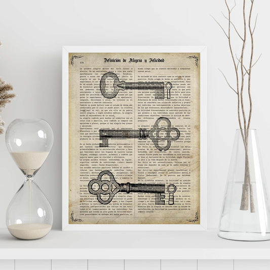 Posters de objetos vintage. Lámina Llaves Vintage con imágenes de objetos e instrumentos vintage, con definiciones en español.-Artwork-Nacnic-Nacnic Estudio SL