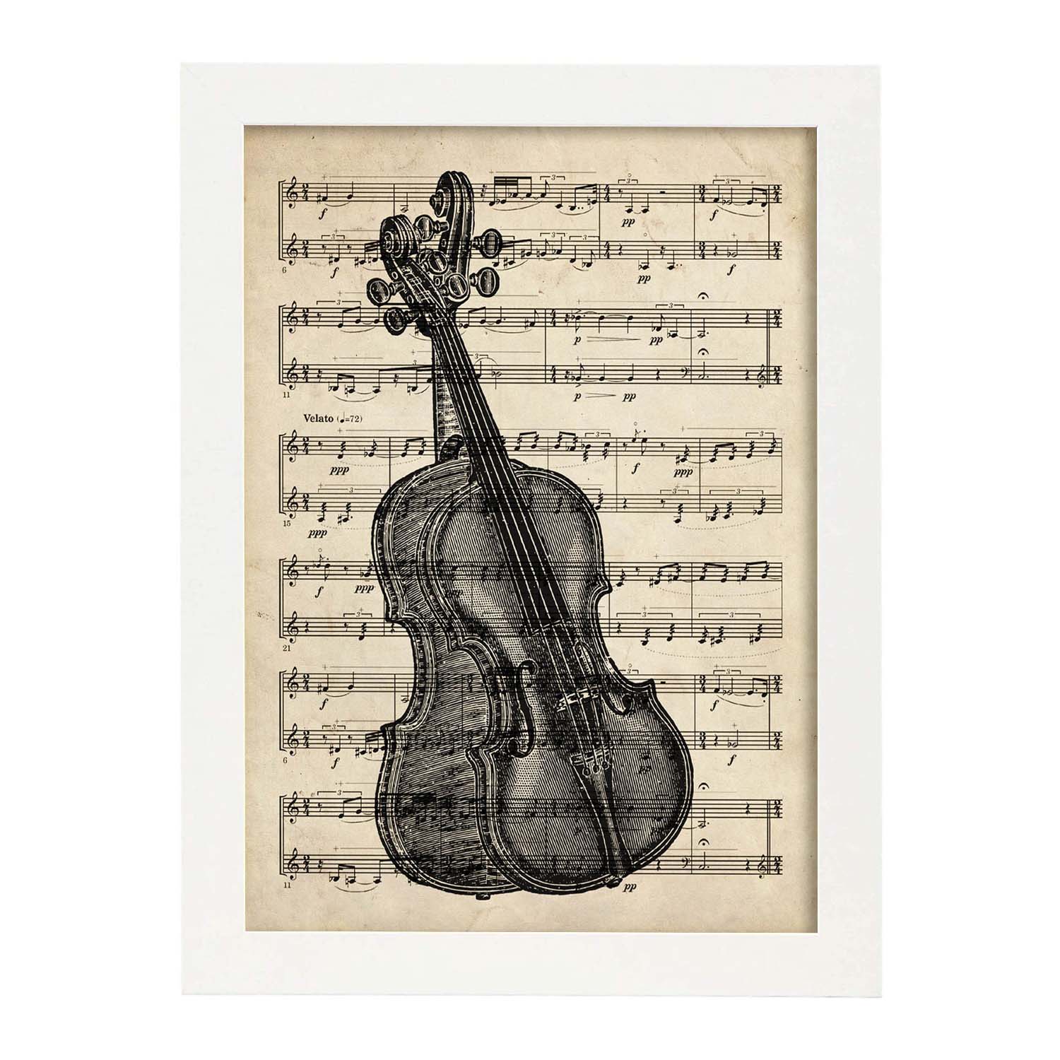 Posters de objetos vintage. Lámina Partitura Violín con imágenes de objetos e instrumentos vintage, con definiciones en español.-Artwork-Nacnic-A3-Marco Blanco-Nacnic Estudio SL