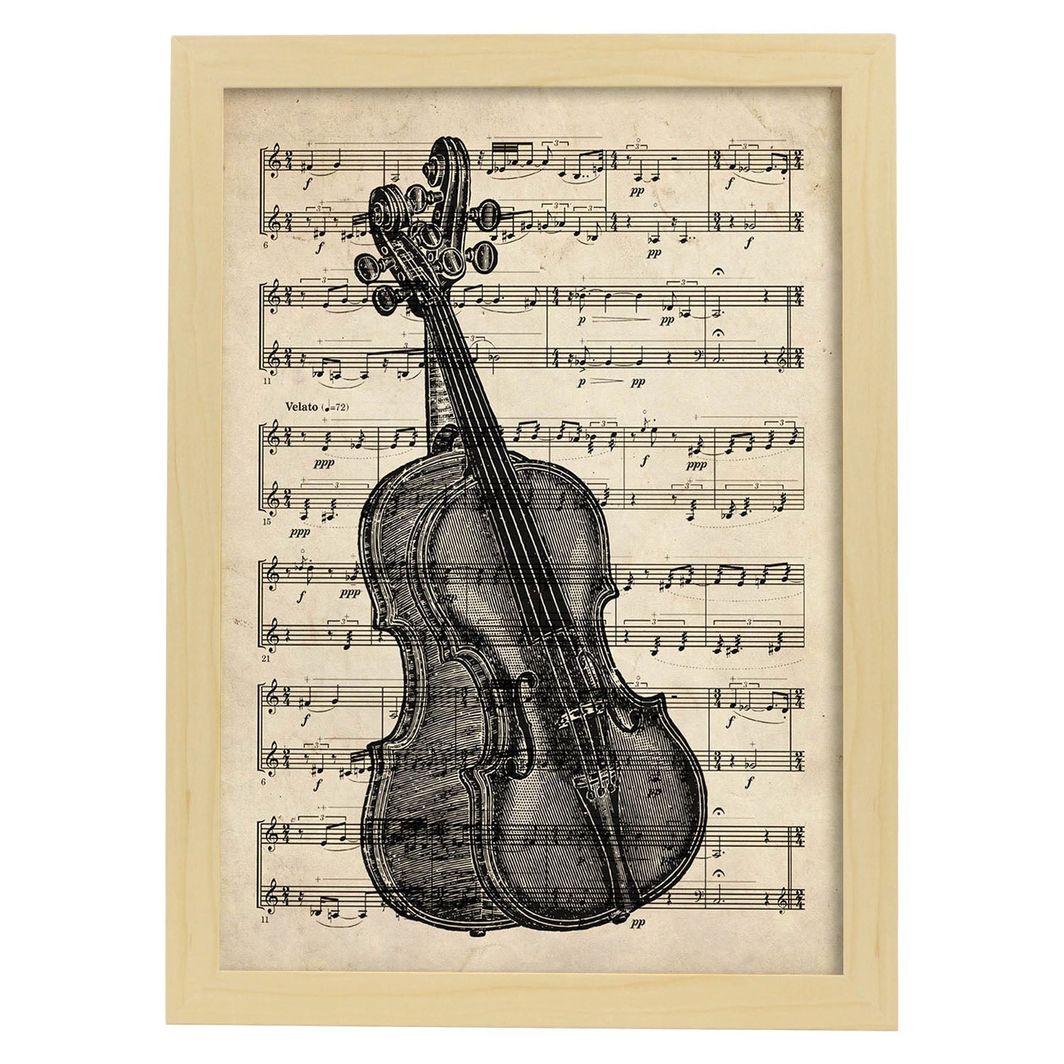 Posters de objetos vintage. Lámina Partitura Violín con imágenes de objetos e instrumentos vintage, con definiciones en español.-Artwork-Nacnic-A4-Marco Madera clara-Nacnic Estudio SL