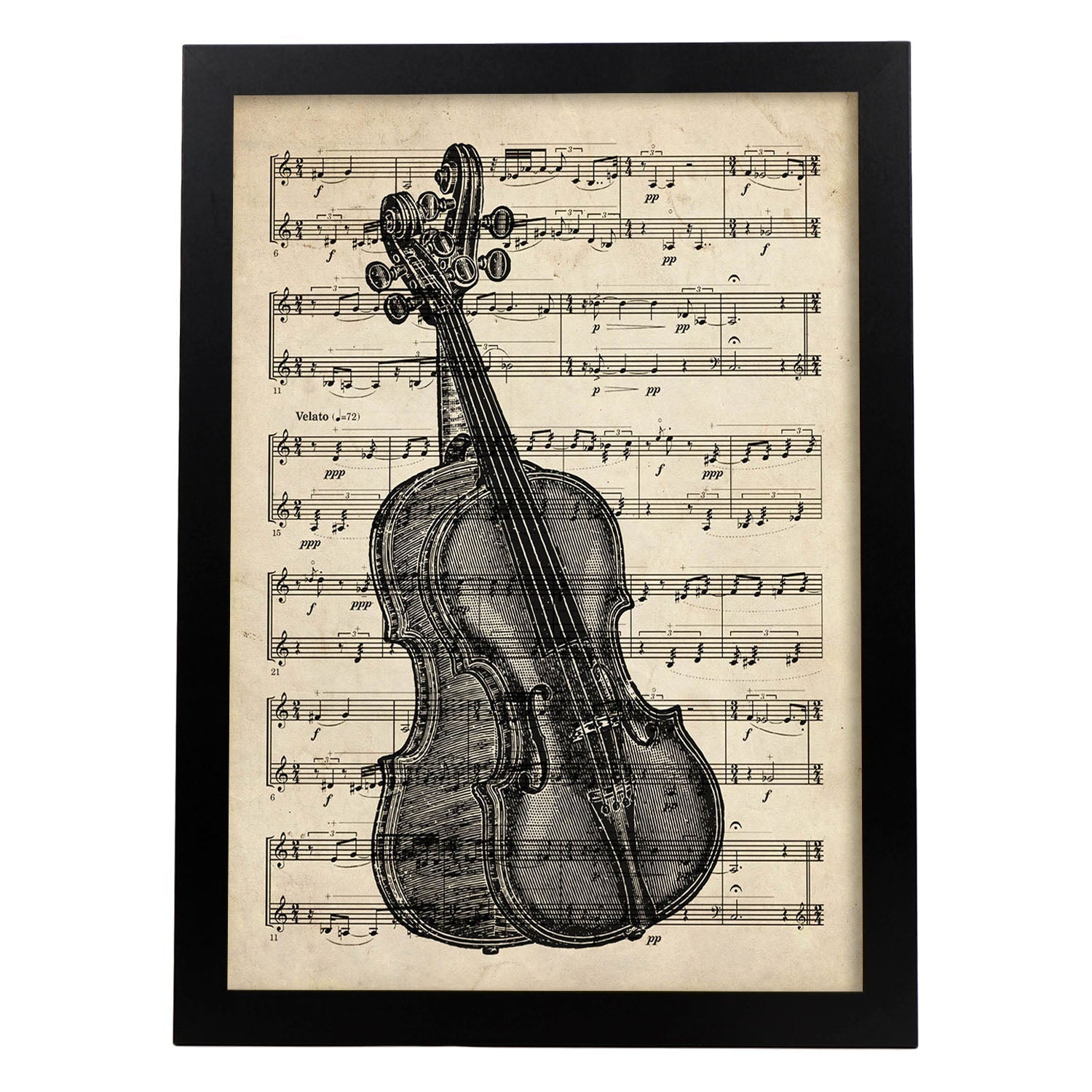 Posters de objetos vintage. Lámina Partitura Violín con imágenes de objetos e instrumentos vintage, con definiciones en español.-Artwork-Nacnic-A4-Marco Negro-Nacnic Estudio SL