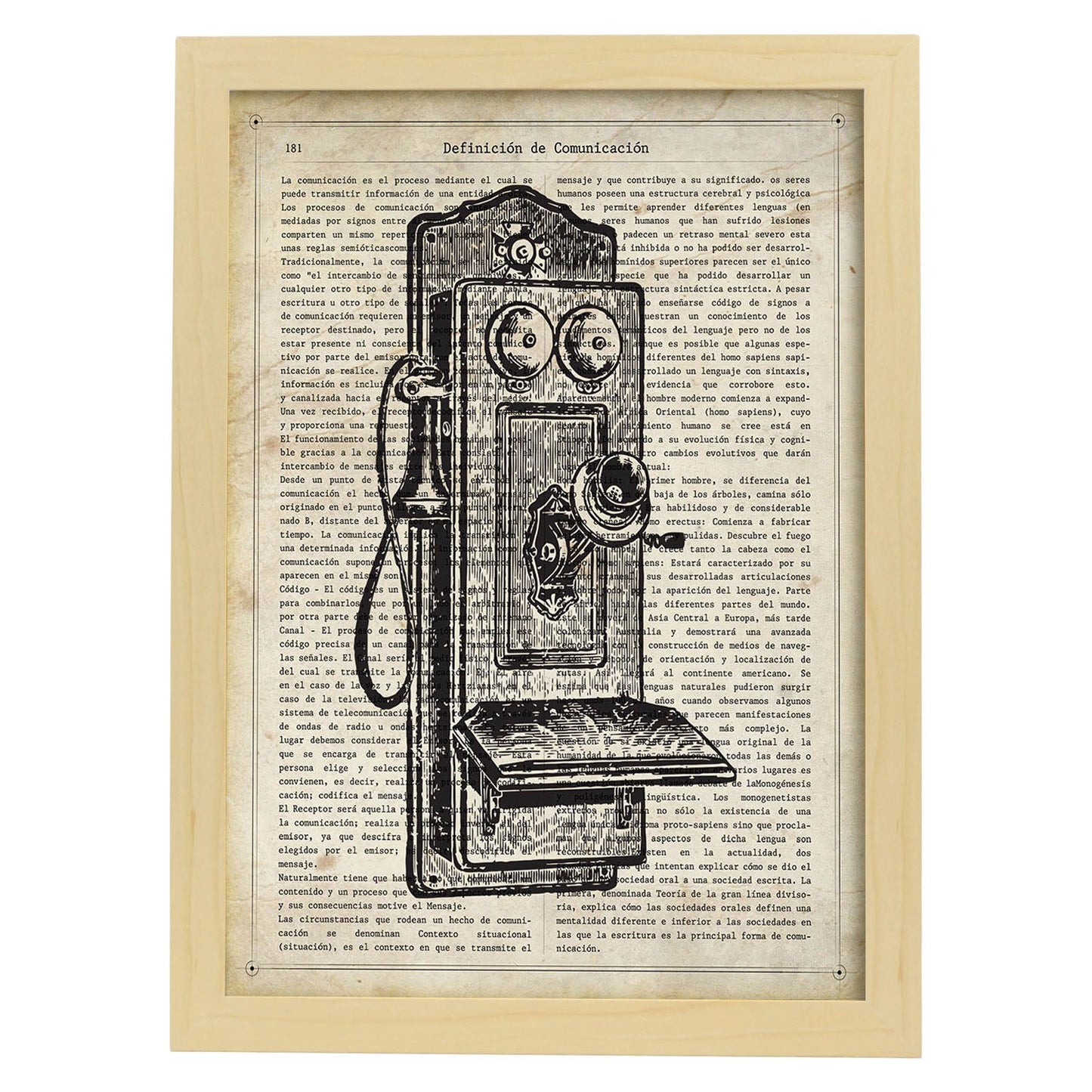 Posters de objetos vintage. Lámina Teléfono Roto con imágenes de objetos e instrumentos vintage, con definiciones en español.-Artwork-Nacnic-A4-Marco Madera clara-Nacnic Estudio SL