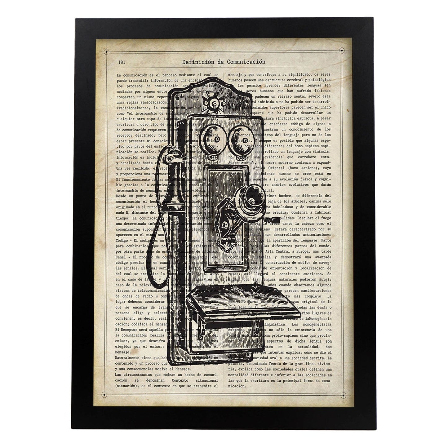 Posters de objetos vintage. Lámina Teléfono Roto con imágenes de objetos e instrumentos vintage, con definiciones en español.-Artwork-Nacnic-A4-Marco Negro-Nacnic Estudio SL
