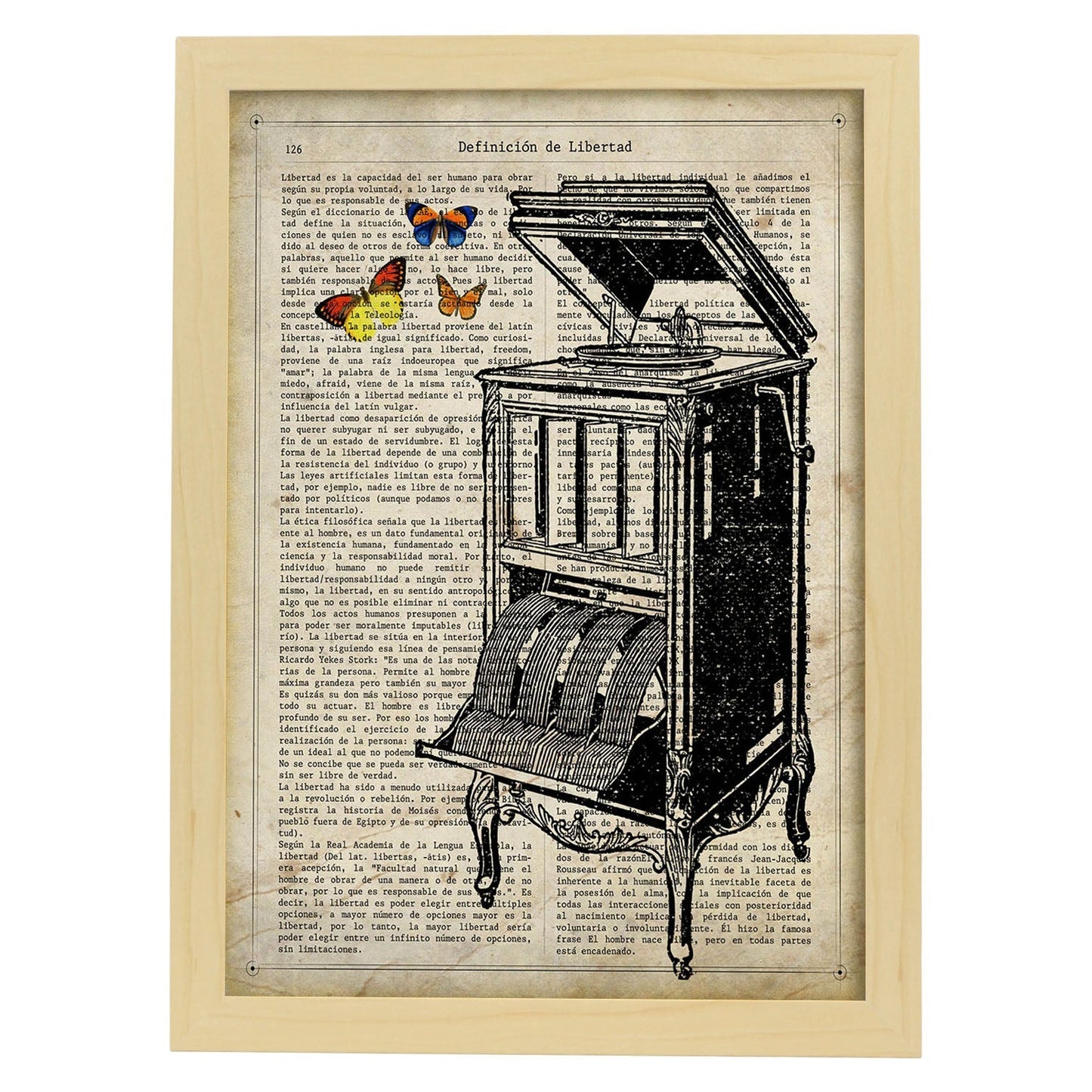 Posters de objetos vintage. Lámina Tócala otra vez con imágenes de objetos e instrumentos vintage, con definiciones en español.-Artwork-Nacnic-A4-Marco Madera clara-Nacnic Estudio SL