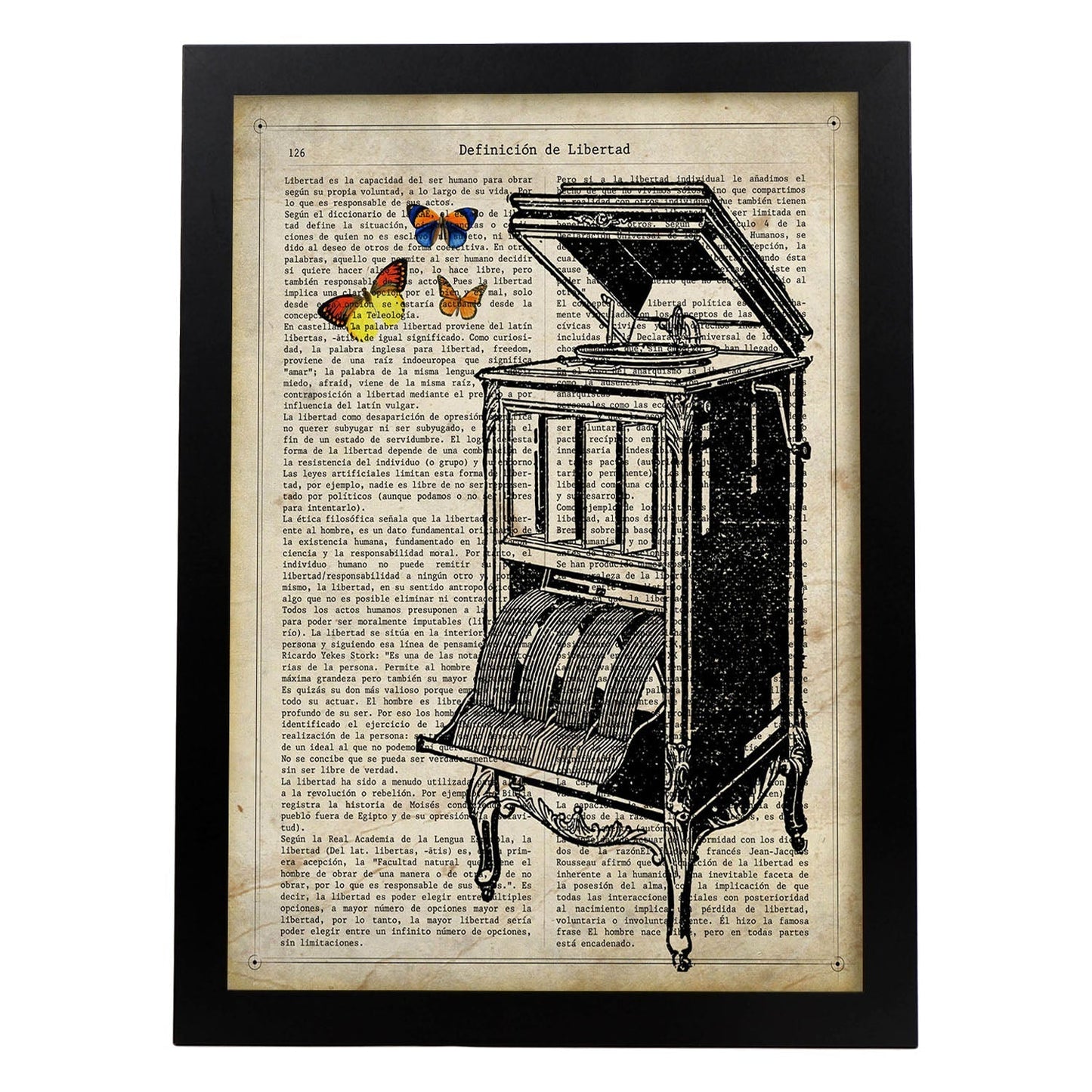 Posters de objetos vintage. Lámina Tócala otra vez con imágenes de objetos e instrumentos vintage, con definiciones en español.-Artwork-Nacnic-A4-Marco Negro-Nacnic Estudio SL