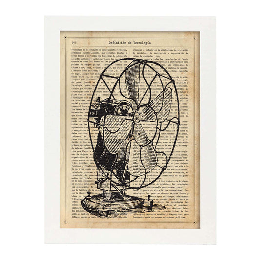Posters de objetos vintage. Lámina Ventilador Vintage con imágenes de objetos e instrumentos vintage, con definiciones en español.-Artwork-Nacnic-A4-Marco Blanco-Nacnic Estudio SL