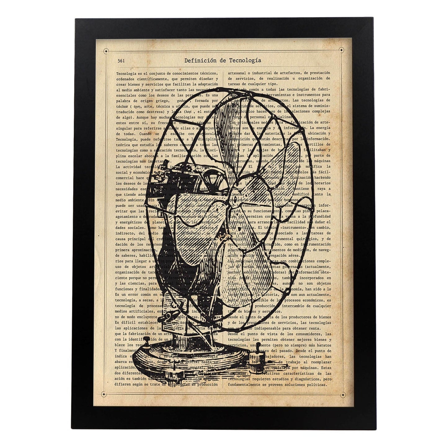 Posters de objetos vintage. Lámina Ventilador Vintage con imágenes de objetos e instrumentos vintage, con definiciones en español.-Artwork-Nacnic-A4-Marco Negro-Nacnic Estudio SL