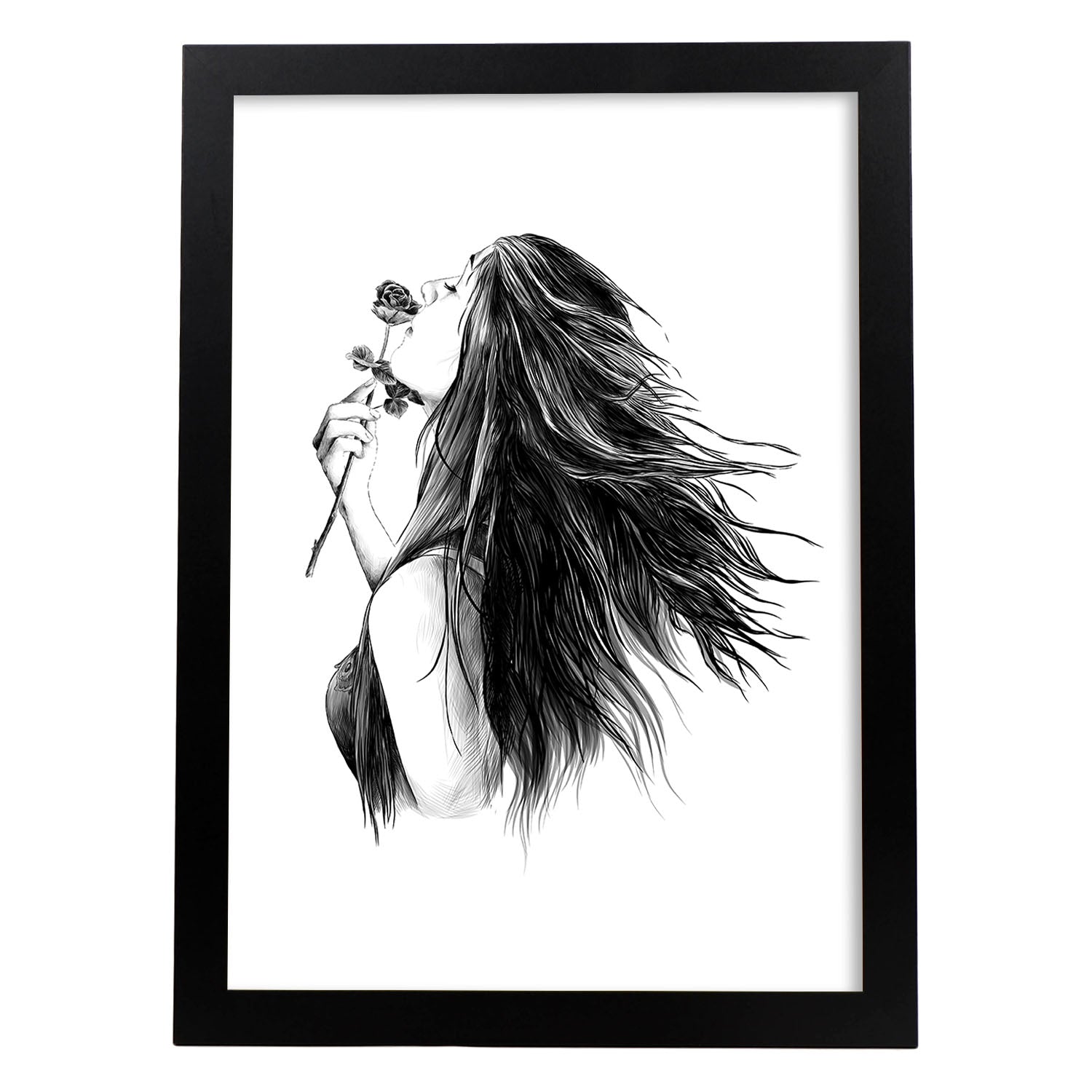 Posters eróticos. Lámina Mujer con rosa dibujada con imágenes sensuales del cuerpo femenino.-Artwork-Nacnic-A3-Marco Negro-Nacnic Estudio SL