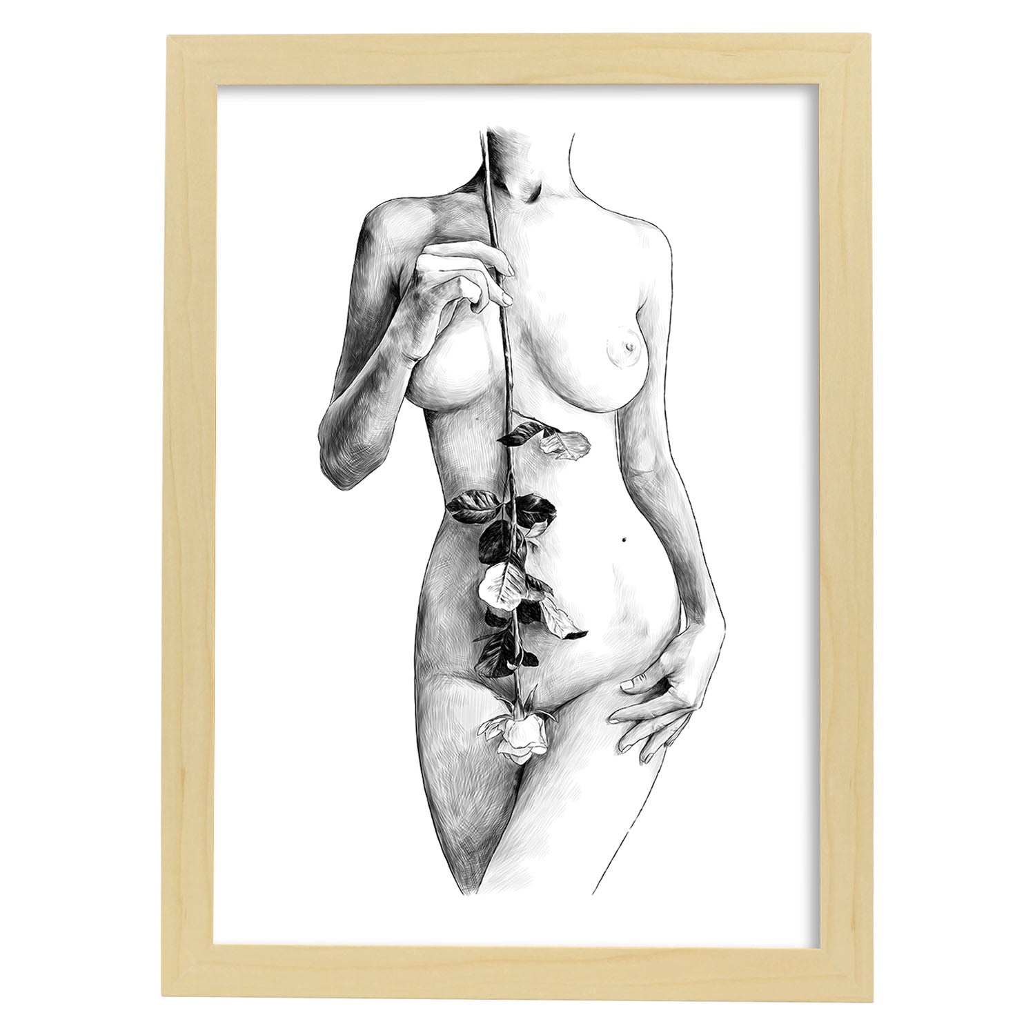 Posters eróticos. Lámina Pecho con flores dibujada con imágenes sensuales del cuerpo femenino.-Artwork-Nacnic-A3-Marco Madera clara-Nacnic Estudio SL