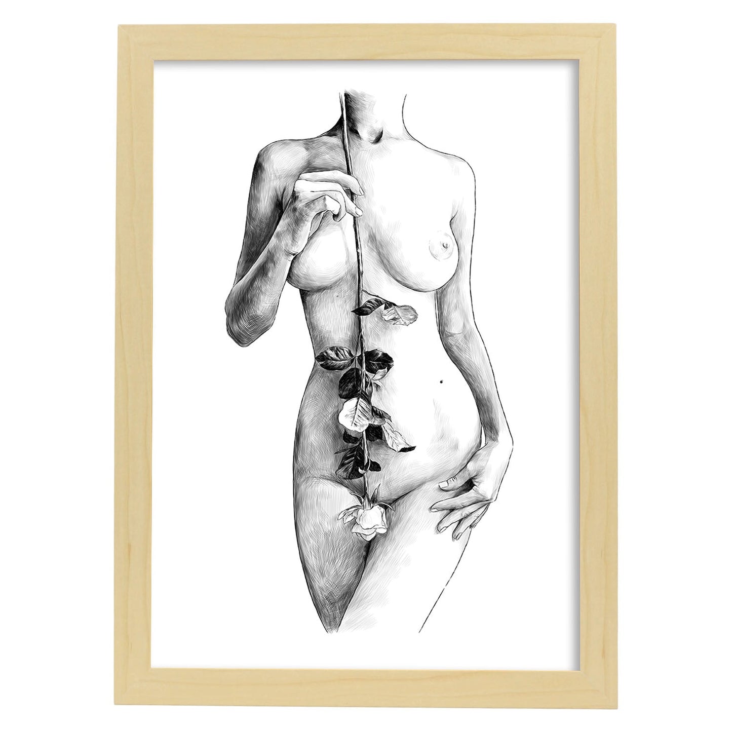 Posters eróticos. Lámina Pecho con flores dibujada con imágenes sensuales del cuerpo femenino.-Artwork-Nacnic-A4-Marco Madera clara-Nacnic Estudio SL
