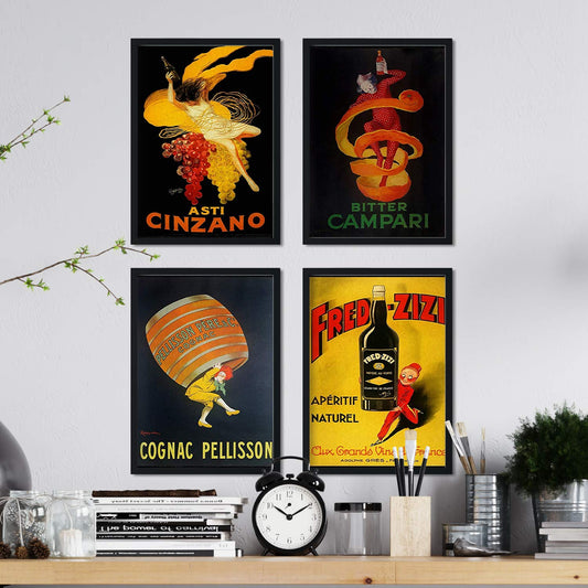 Posters vintage. Posters con anuncios antiguos. Cuatro carteles vintage de bebidas alcohólicas. Campari, Cinzano, Cognac.-Artwork-Nacnic-Nacnic Estudio SL