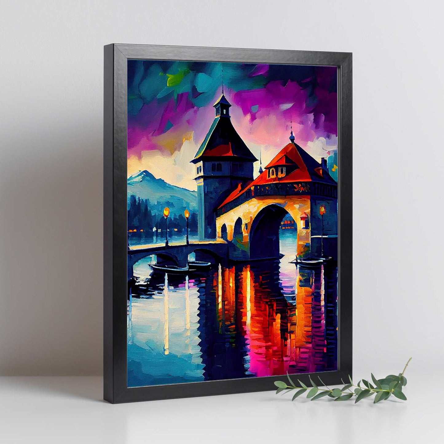 Puente de la Capilla Nacnica Lucerna Suiza Cepillo de pintura al óleo. Estampados de arte de pared estético para el diseño de dormitorio o sala de estar.-Artwork-Nacnic-Nacnic Estudio SL